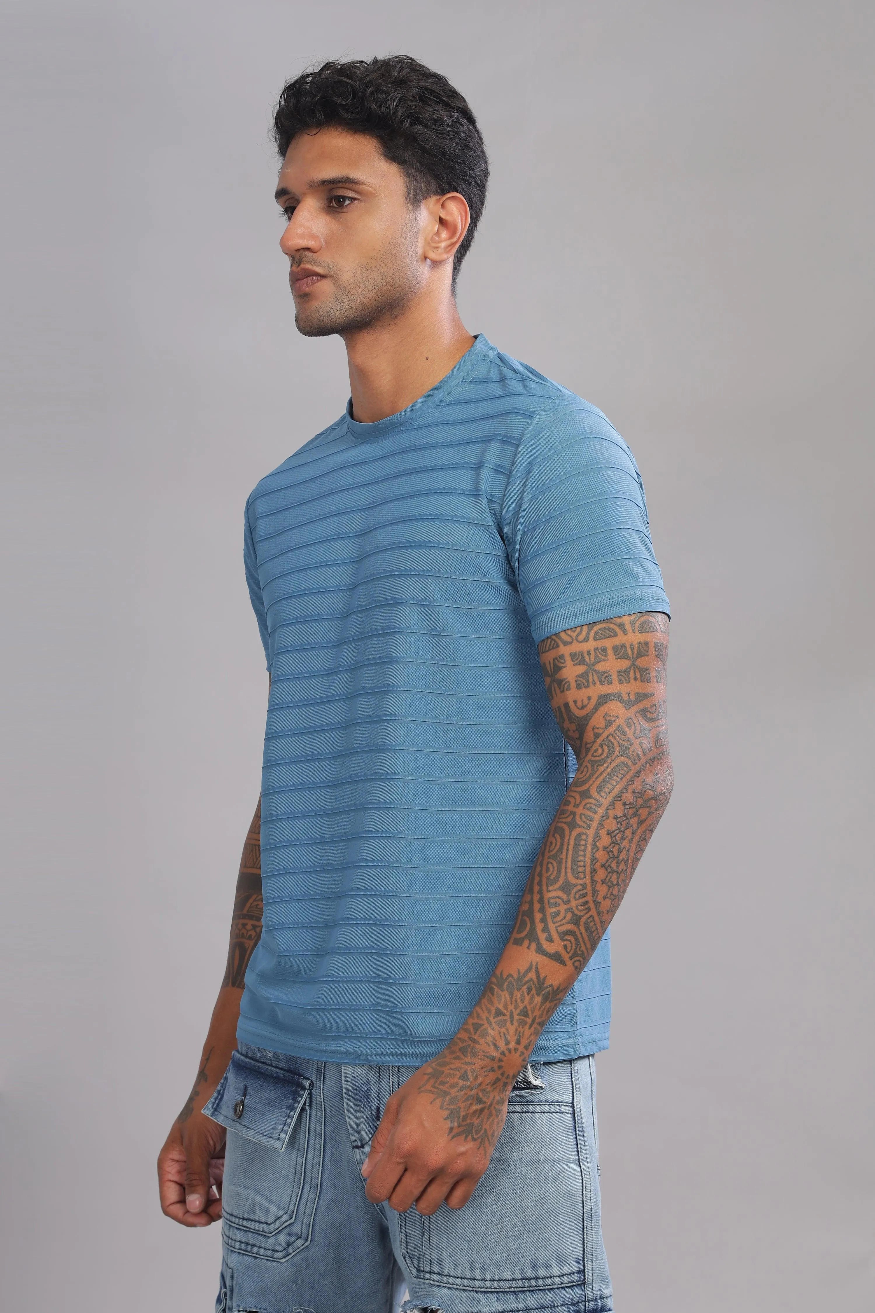 Icy Stripes Textured Half Sleeve Round Neck T-Shirt