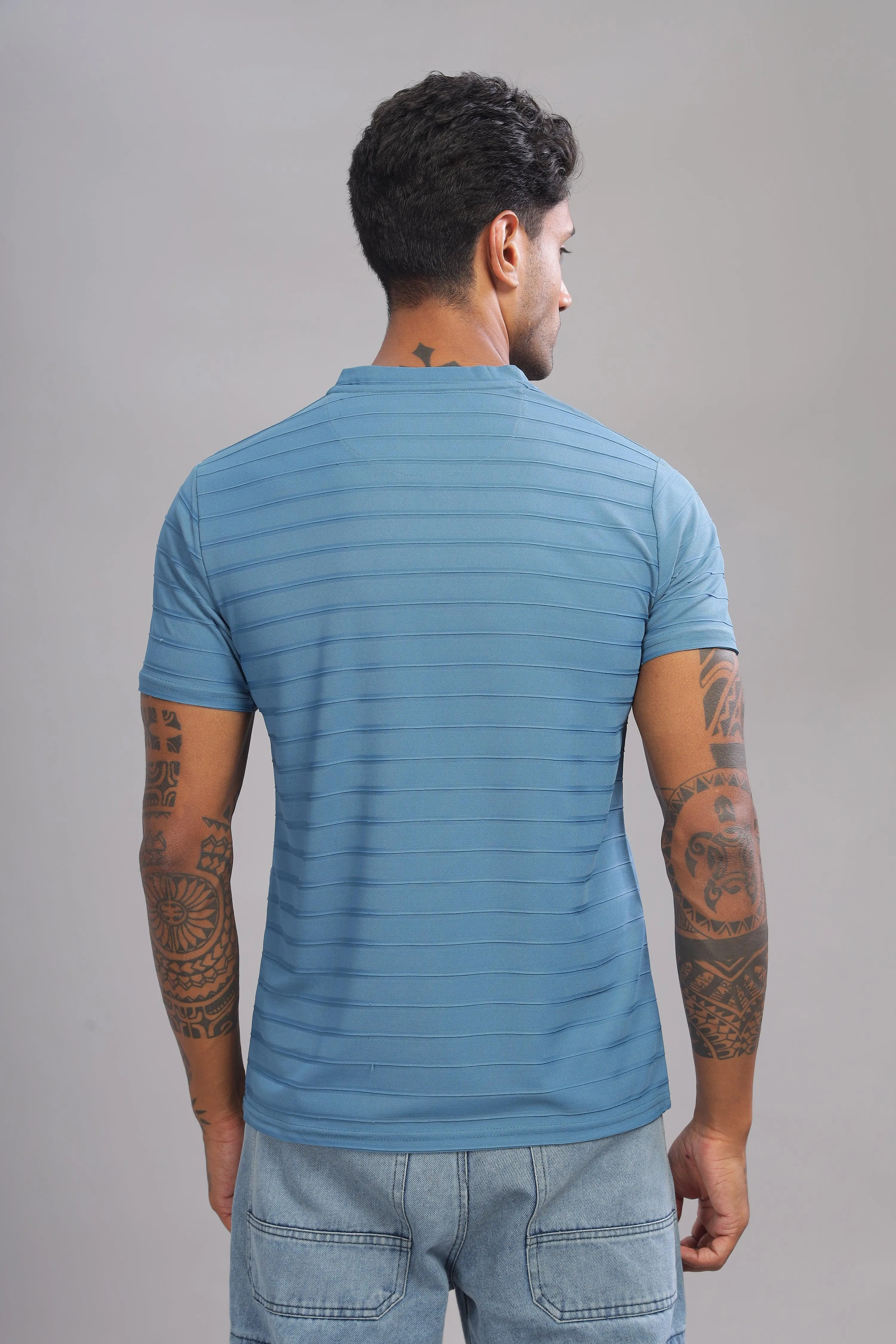 Icy Stripes Textured Half Sleeve Round Neck T-Shirt