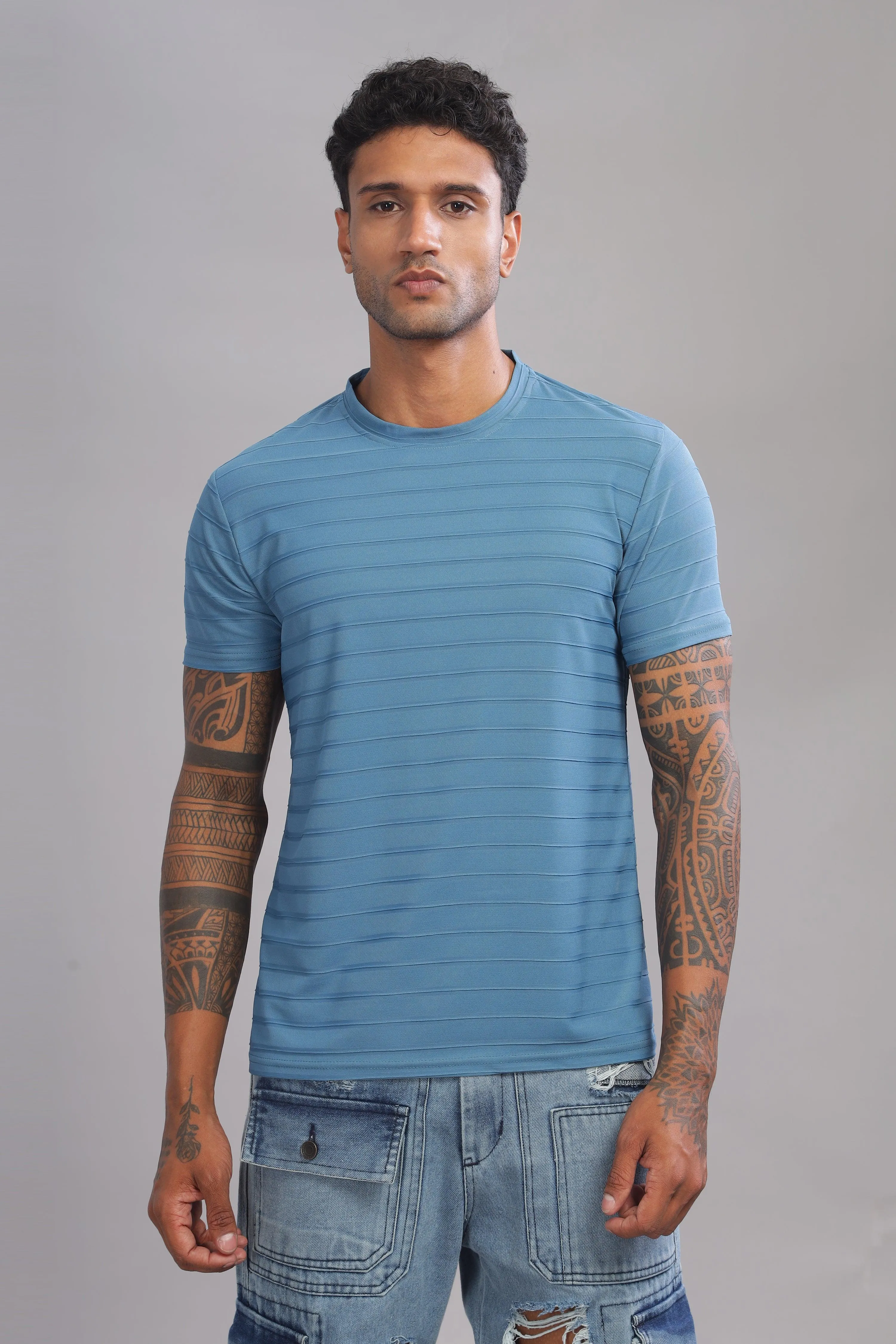 Icy Stripes Textured Half Sleeve Round Neck T-Shirt