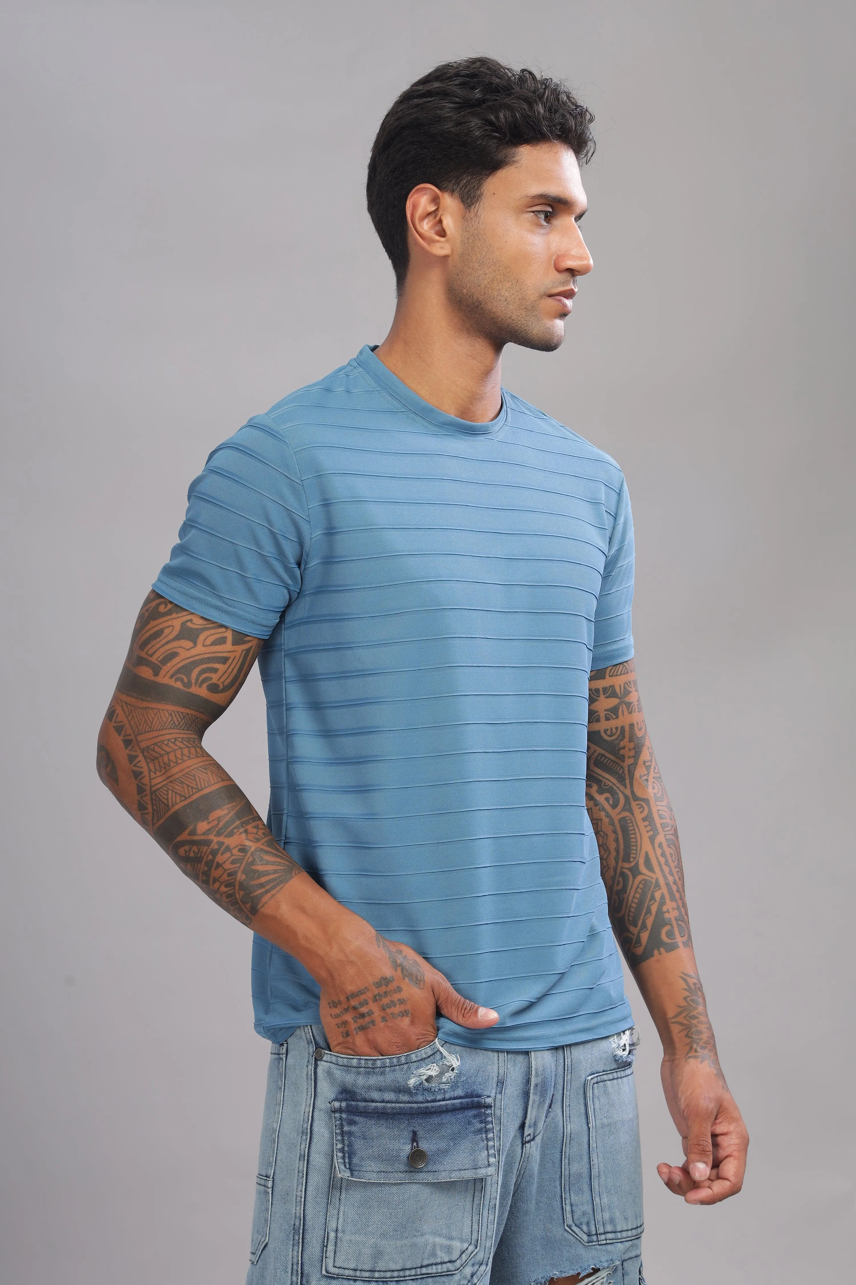 Icy Stripes Textured Half Sleeve Round Neck T-Shirt