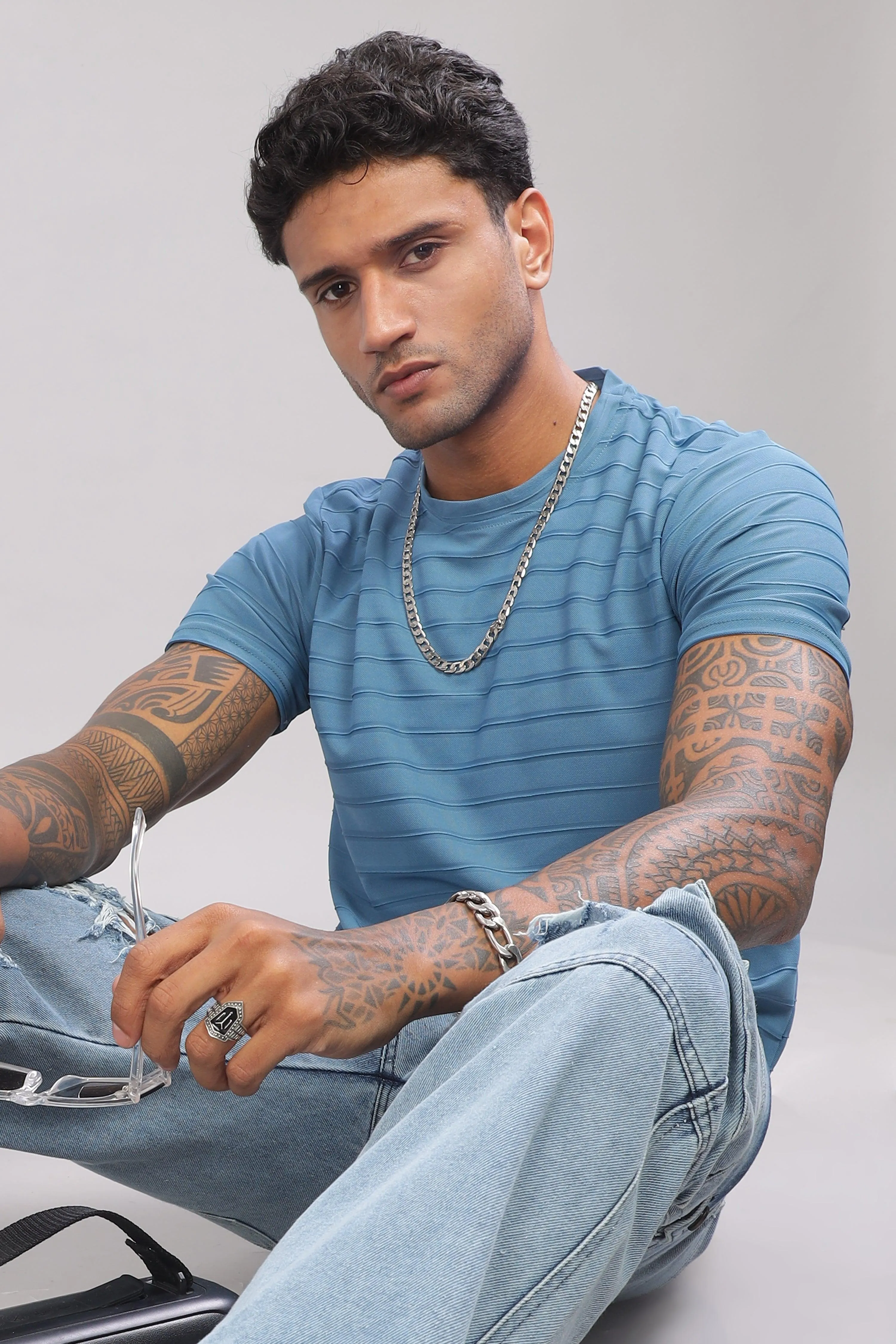 Icy Stripes Textured Half Sleeve Round Neck T-Shirt