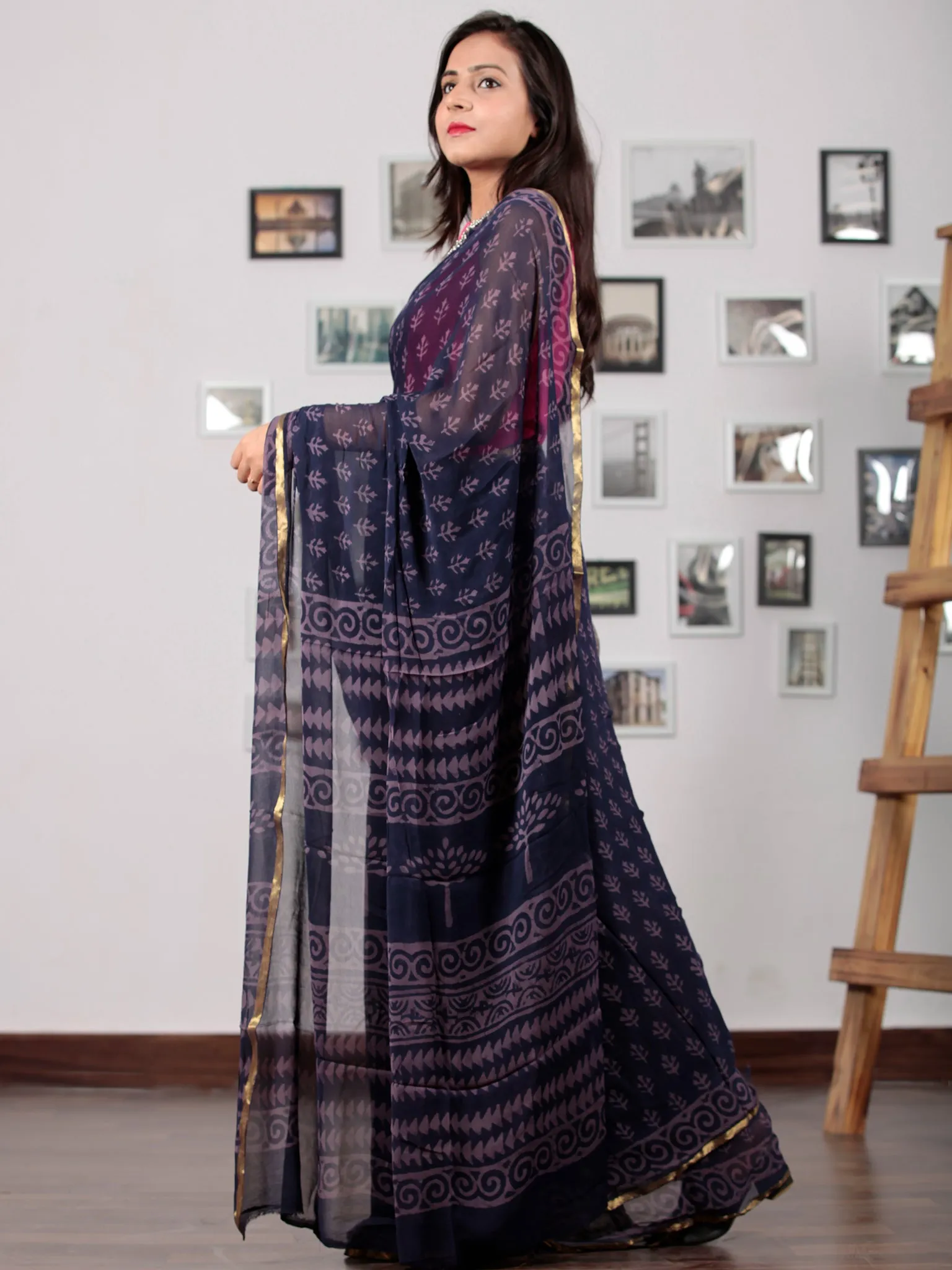 Indigo Lavender Hand Block Printed Chiffon Saree with Zari Border - S031702766