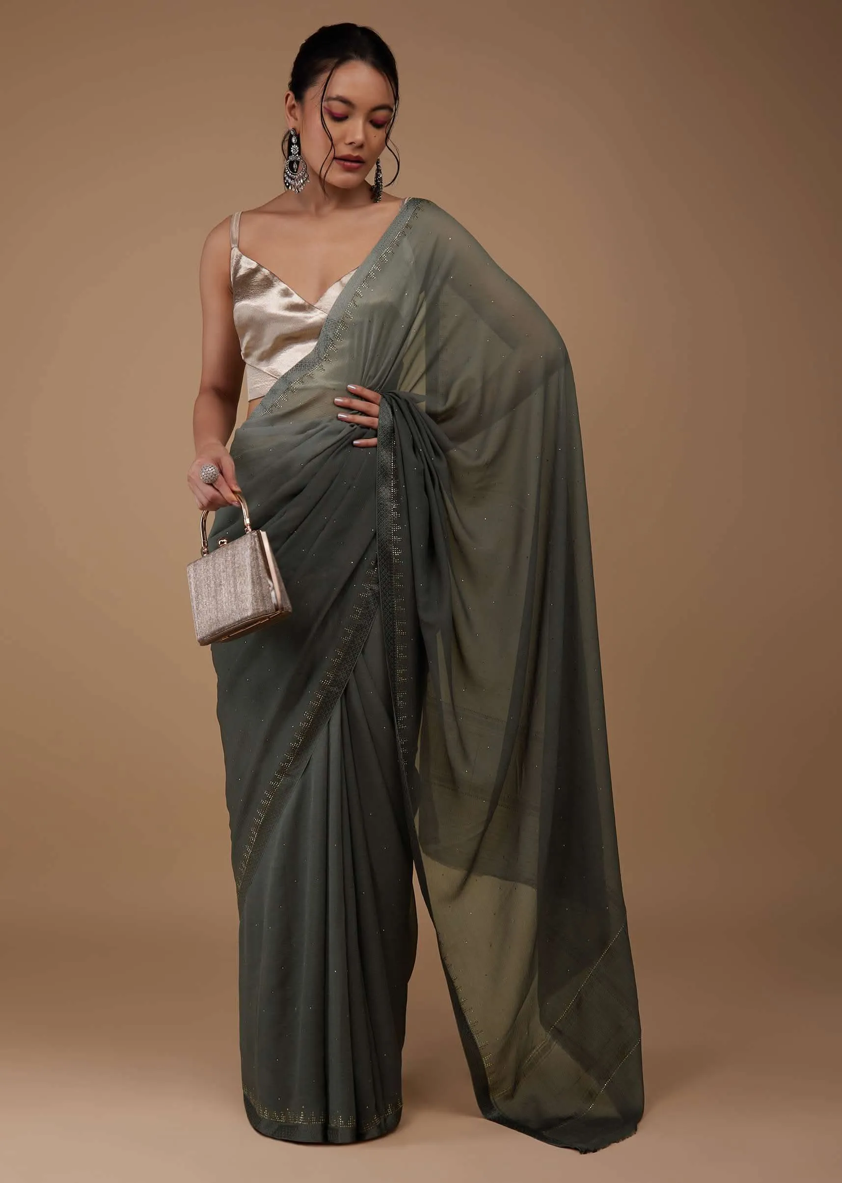 Iron Grey Chiffon Saree With Swarovski Stone Embellishments And Satin Border