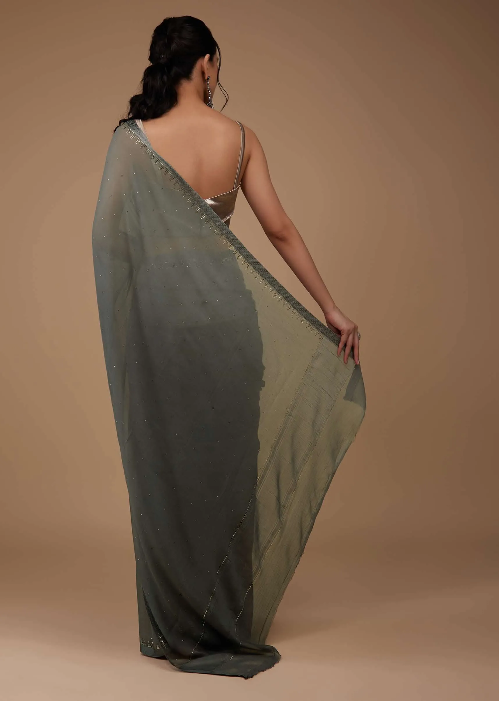 Iron Grey Chiffon Saree With Swarovski Stone Embellishments And Satin Border