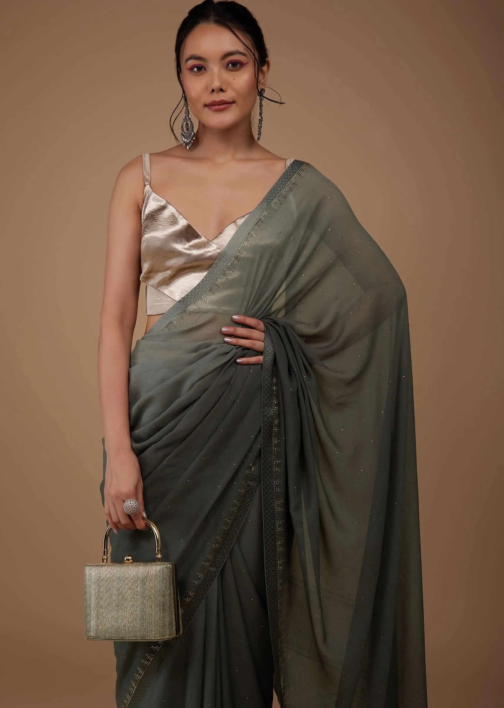 Iron Grey Chiffon Saree With Swarovski Stone Embellishments And Satin Border