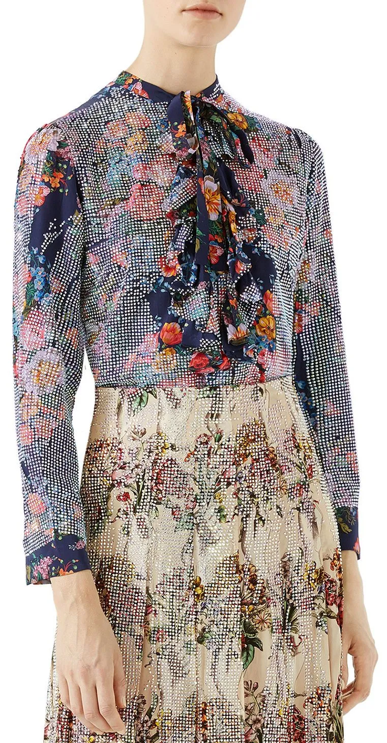 Josephine Embellished Floral Print Silk Chiffon Shirt