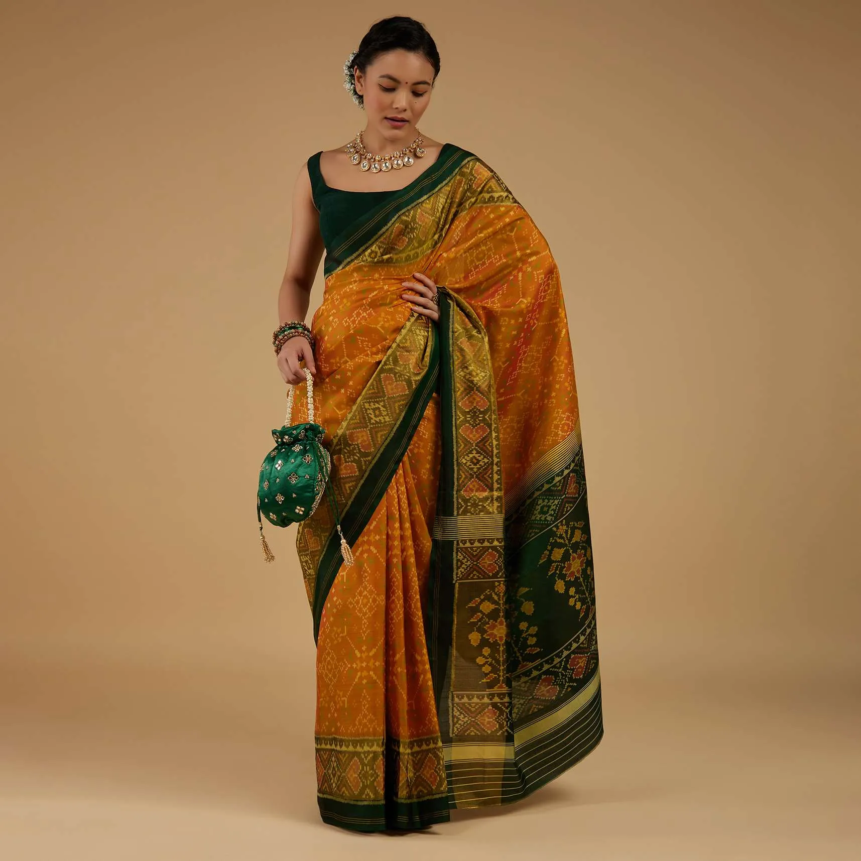 Kalki Golden Oak Yellow Saree In Silk With Ikat Weave Patola Work
