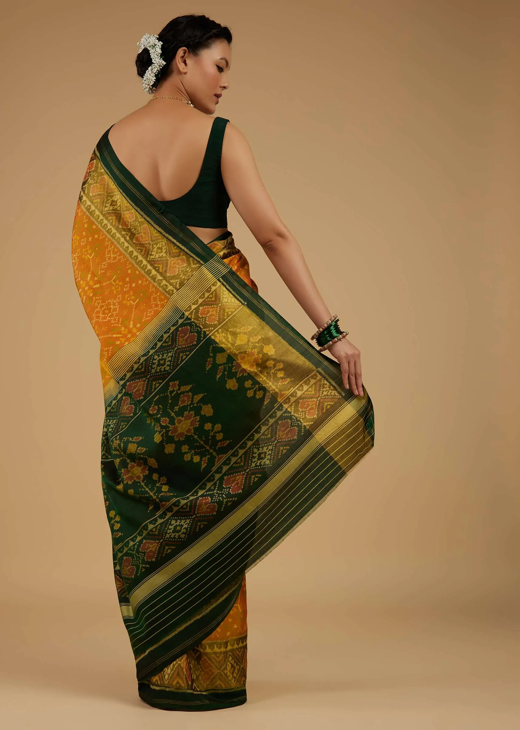 Kalki Golden Oak Yellow Saree In Silk With Ikat Weave Patola Work
