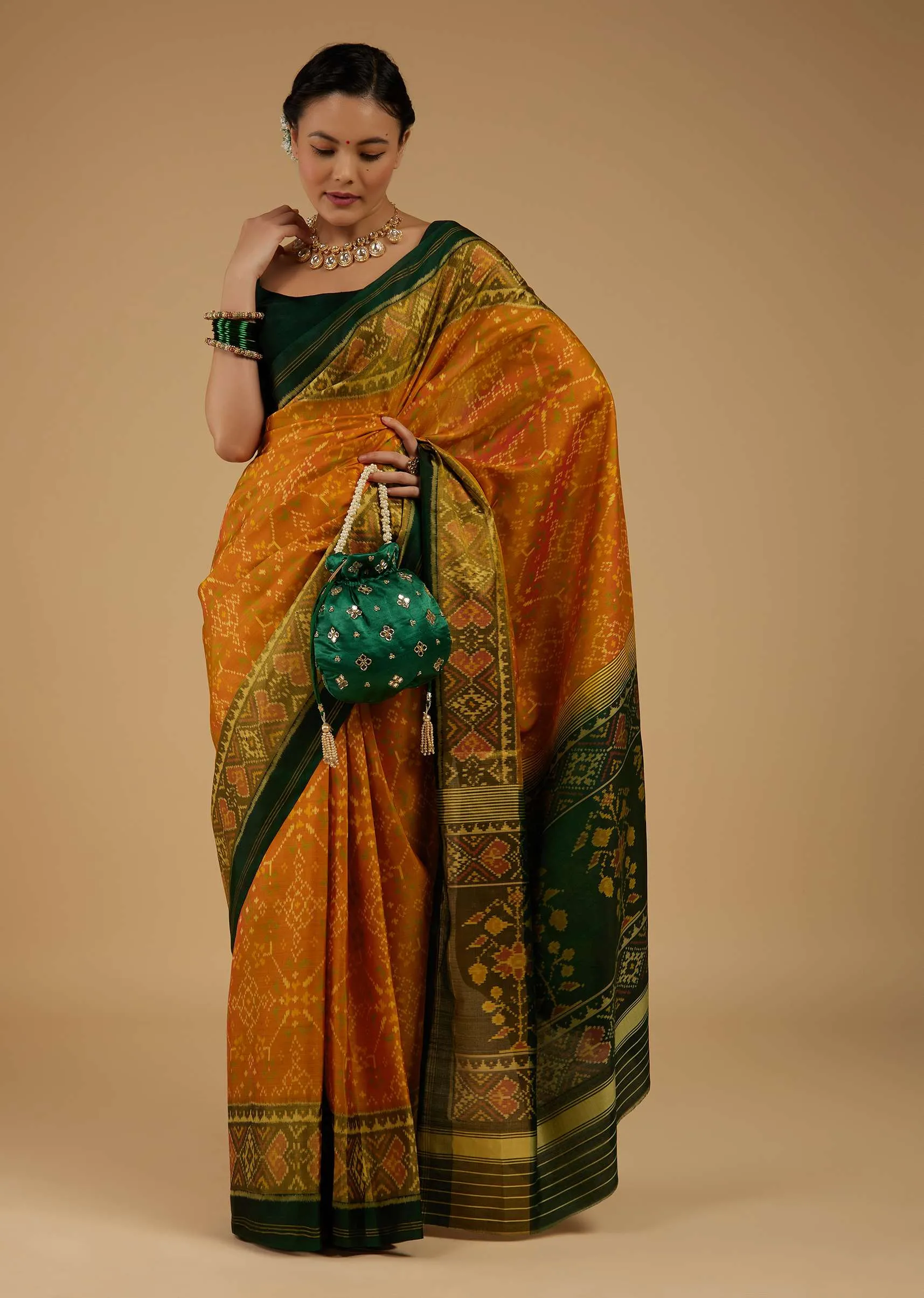 Kalki Golden Oak Yellow Saree In Silk With Ikat Weave Patola Work
