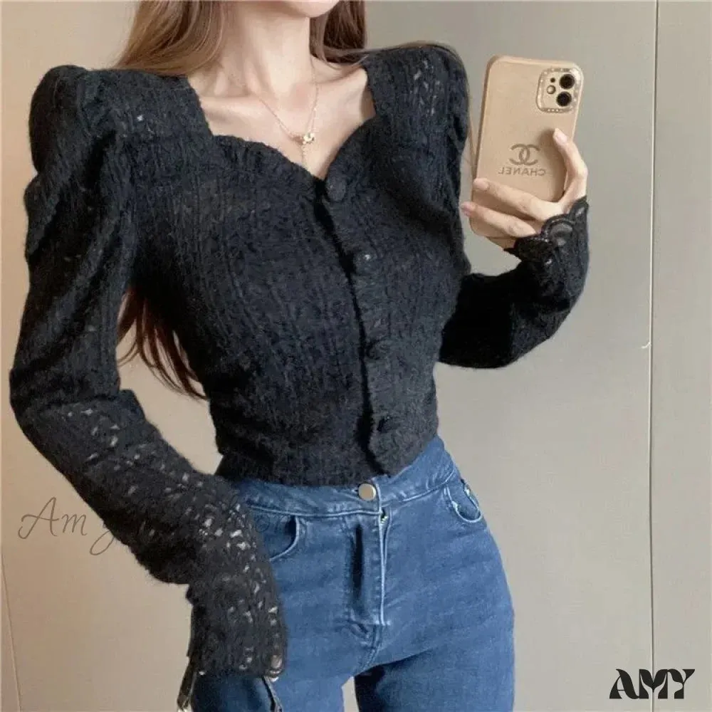 Long Sleeved Lace Design Blusas Clothess Blouse