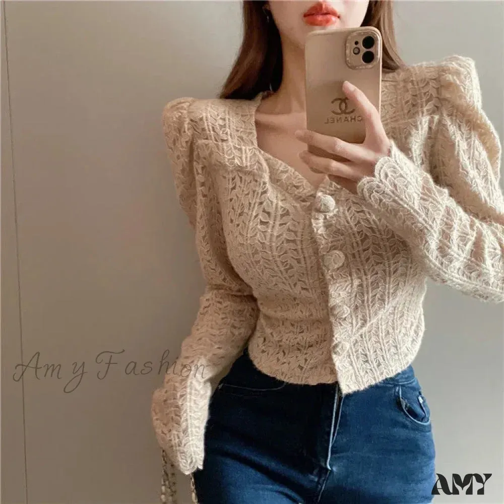 Long Sleeved Lace Design Blusas Clothess Blouse