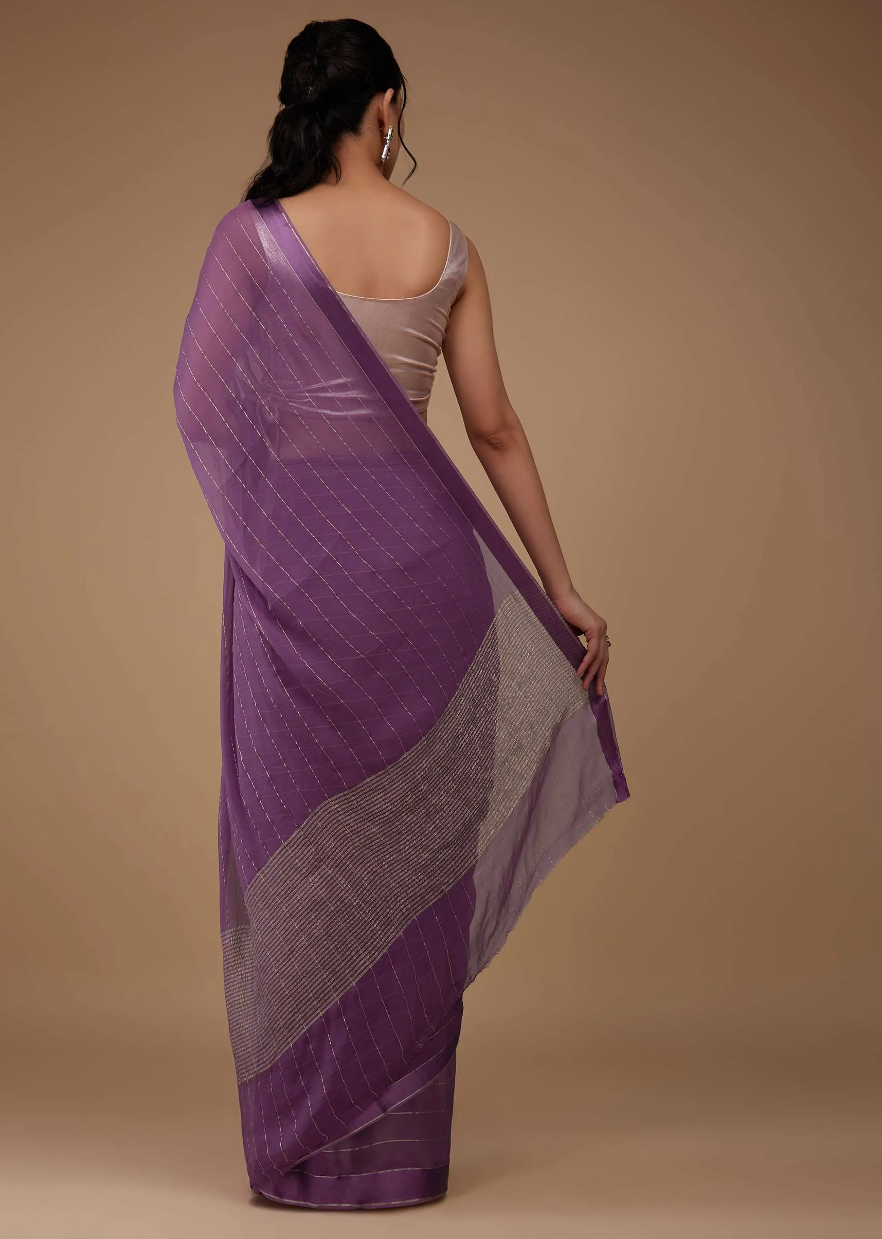 Mauve Purple Chiffon Saree With Swarovski Stone Embellishments And Satin Border