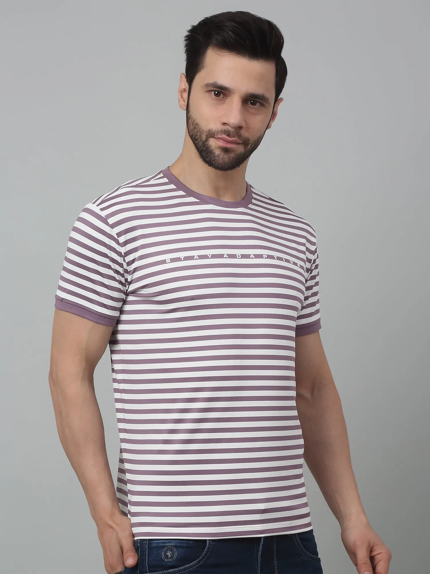 Men's Purple Stripe Round neck Half Sleeve T-Shirt with print
