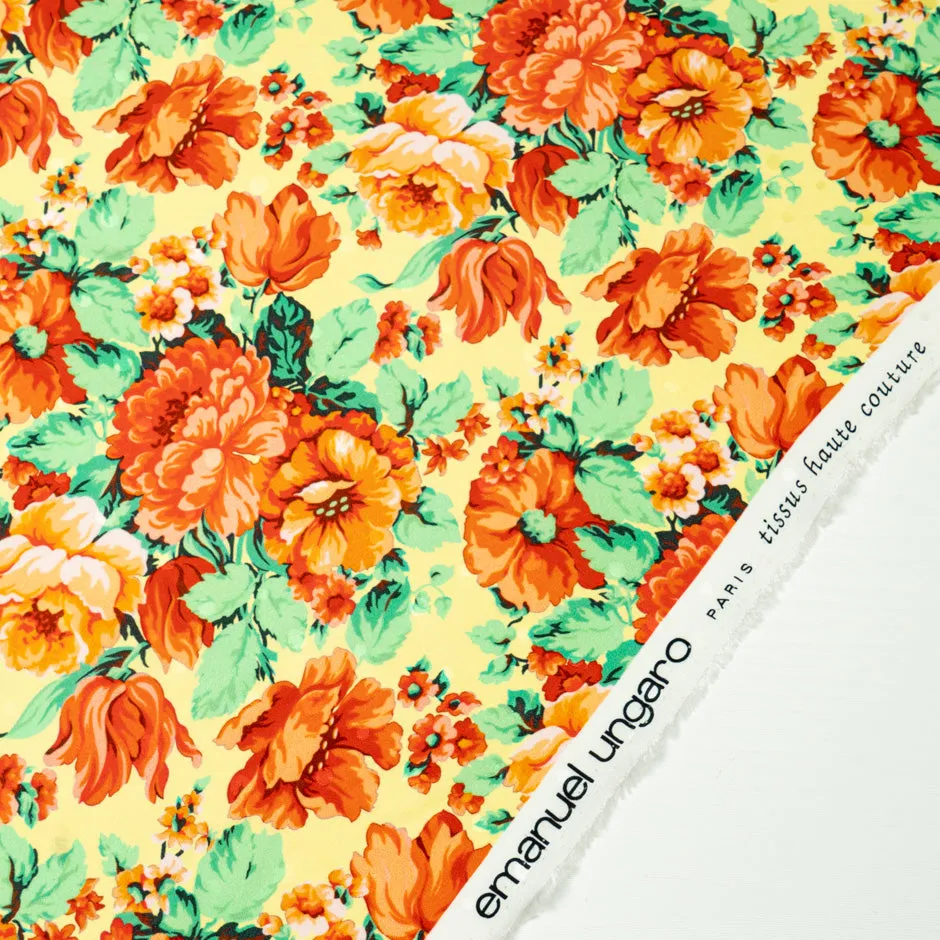 Orange & Green Floral Printed Yellow Silk Jacquard