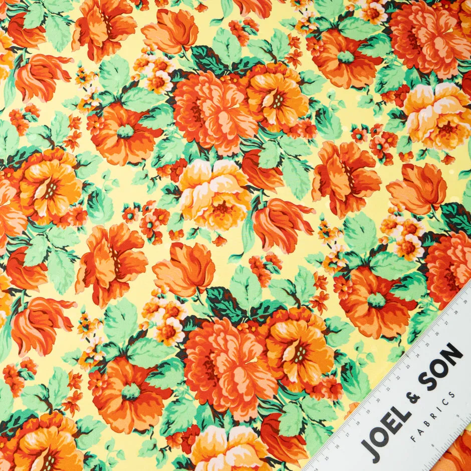 Orange & Green Floral Printed Yellow Silk Jacquard