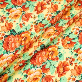 Orange & Green Floral Printed Yellow Silk Jacquard