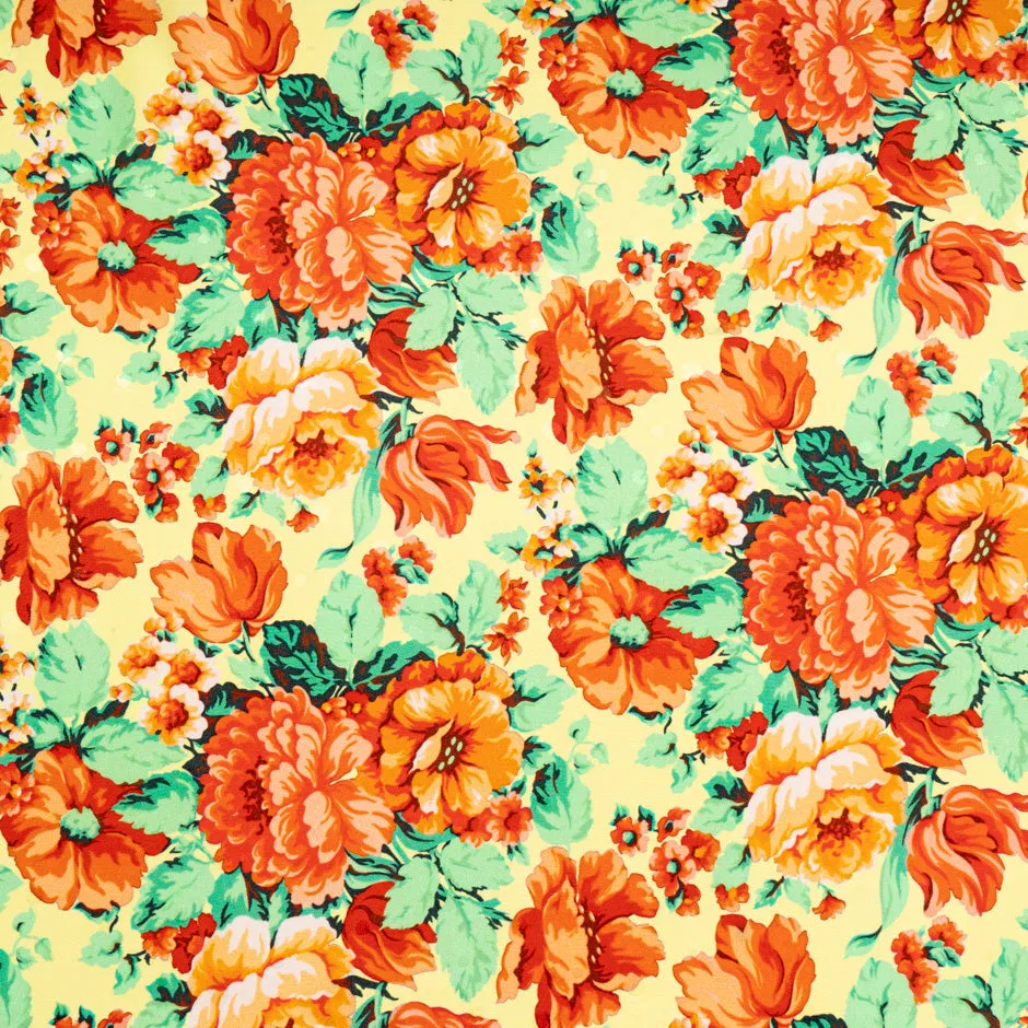 Orange & Green Floral Printed Yellow Silk Jacquard