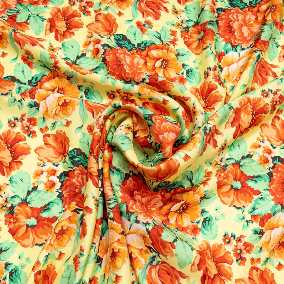 Orange & Green Floral Printed Yellow Silk Jacquard