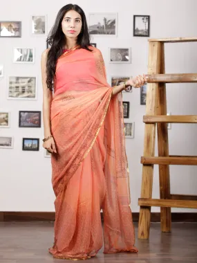 Peach Blue Balck Hand Block Printed Chiffon Saree with Zari Border - S031702990