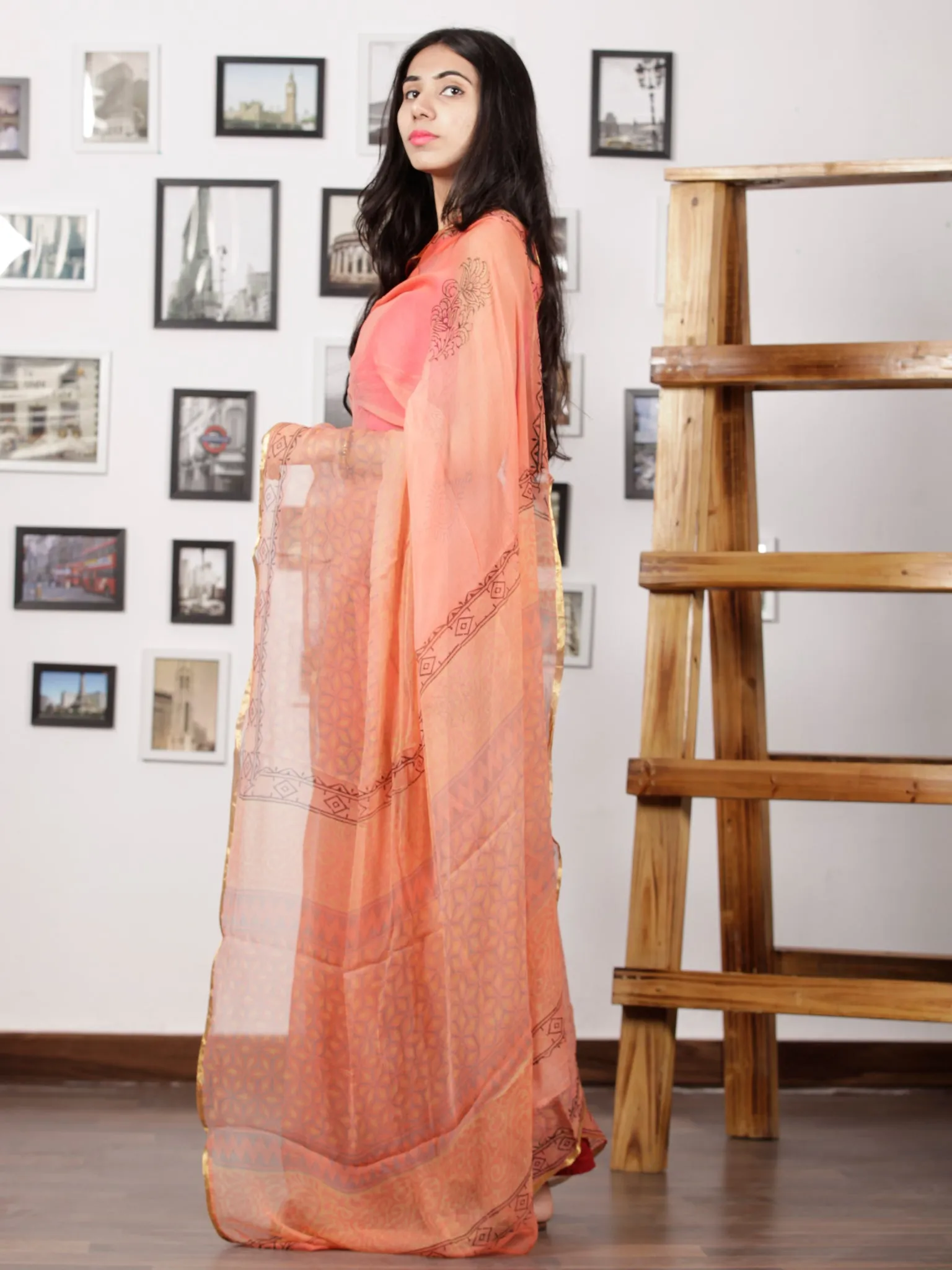 Peach Blue Balck Hand Block Printed Chiffon Saree with Zari Border - S031702990