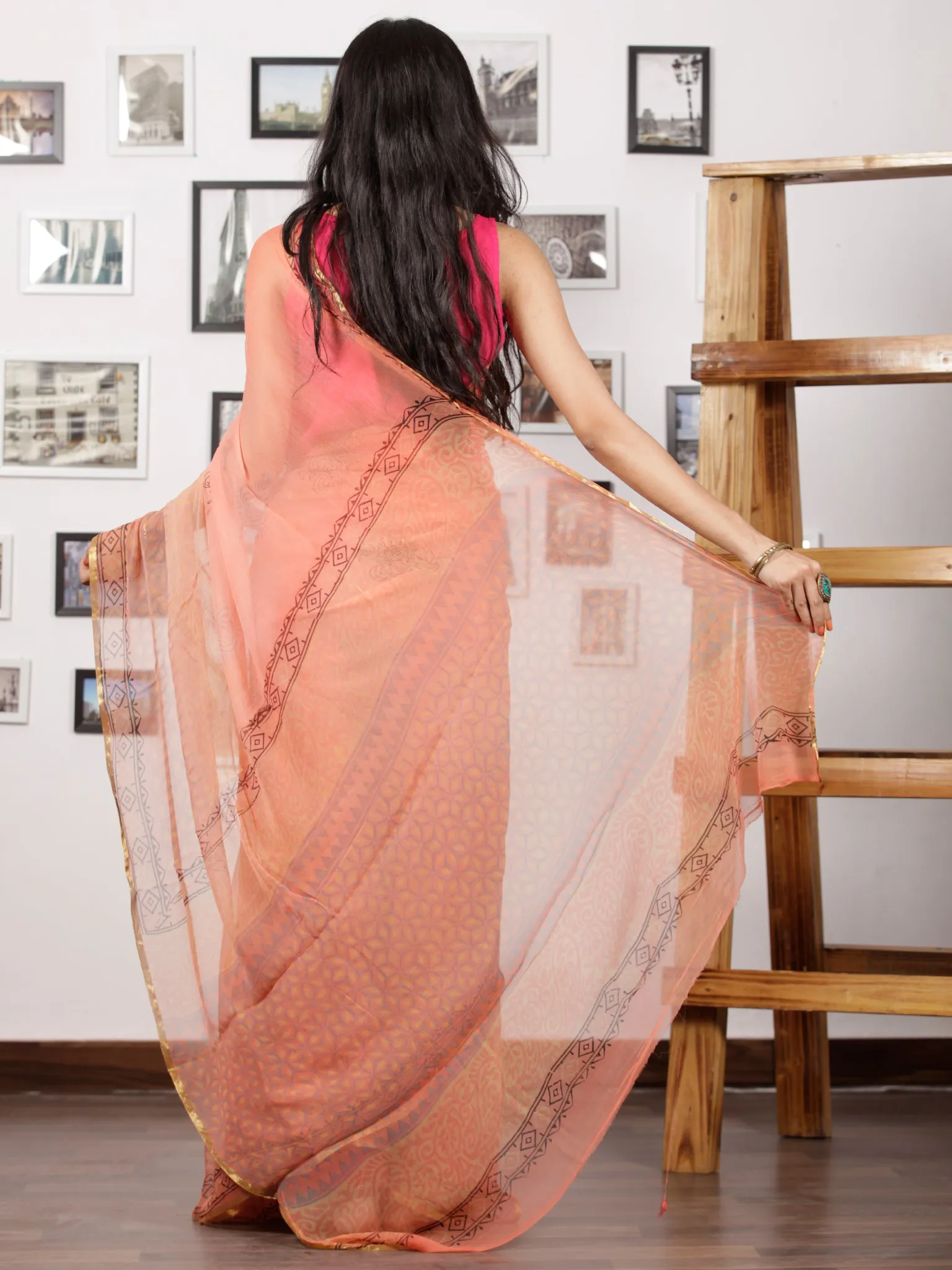 Peach Blue Balck Hand Block Printed Chiffon Saree with Zari Border - S031702990