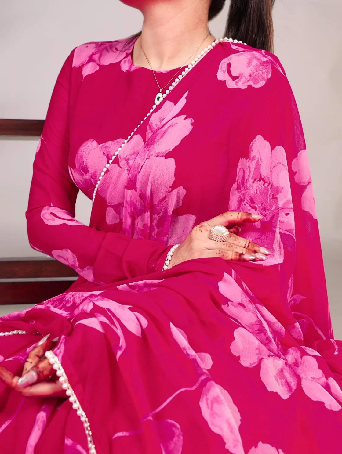 Pink Pure Chiffon Foral Printed Pearl Lace Border Chiffon Saree