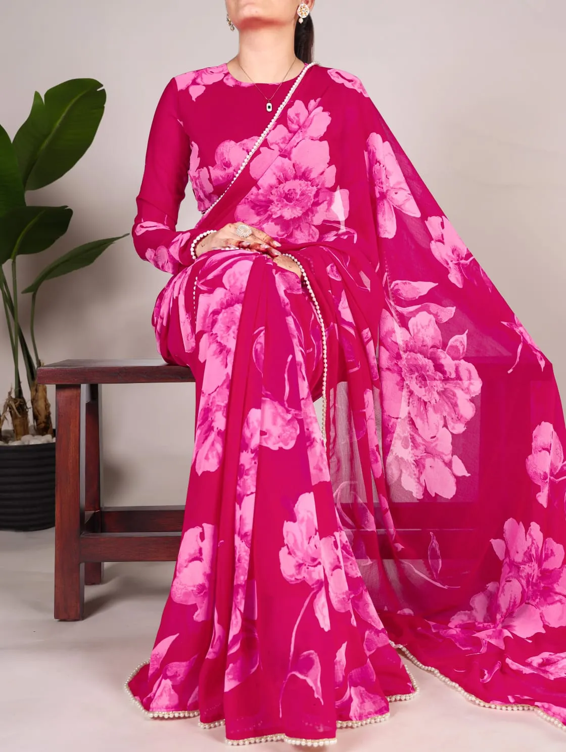 Pink Pure Chiffon Foral Printed Pearl Lace Border Chiffon Saree