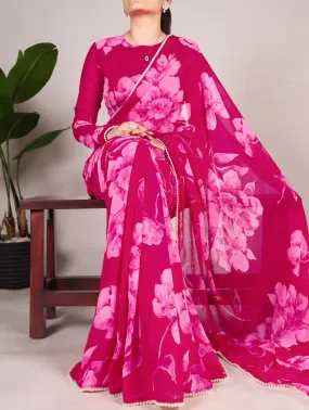 Pink Pure Chiffon Foral Printed Pearl Lace Border Chiffon Saree