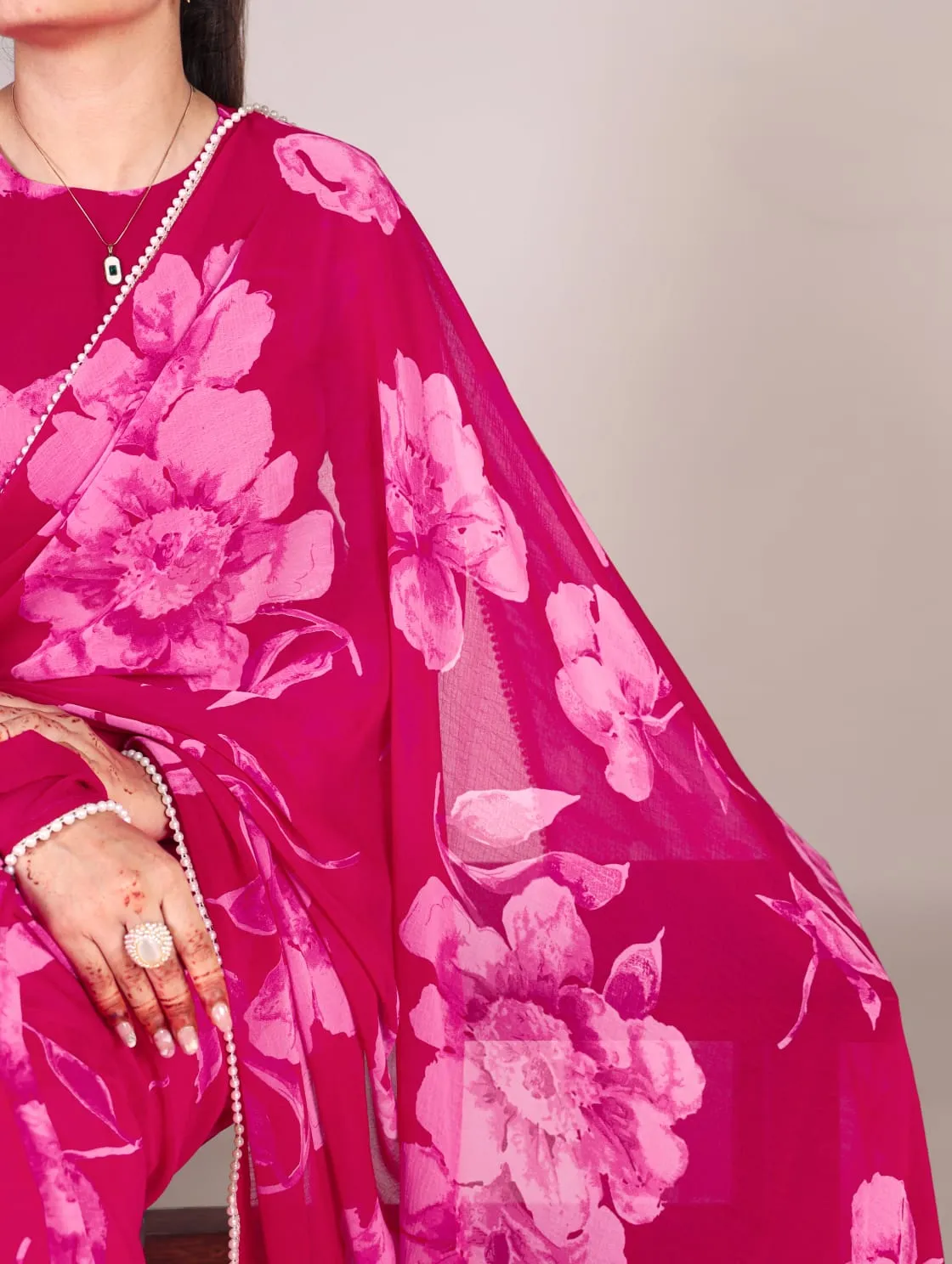 Pink Pure Chiffon Foral Printed Pearl Lace Border Chiffon Saree
