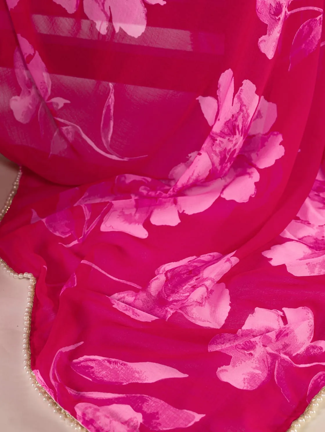 Pink Pure Chiffon Foral Printed Pearl Lace Border Chiffon Saree