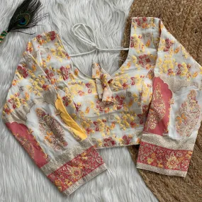 Readymade Designer Long Sleeves Pure Dola Silk With Multicolour Weaving Blouse