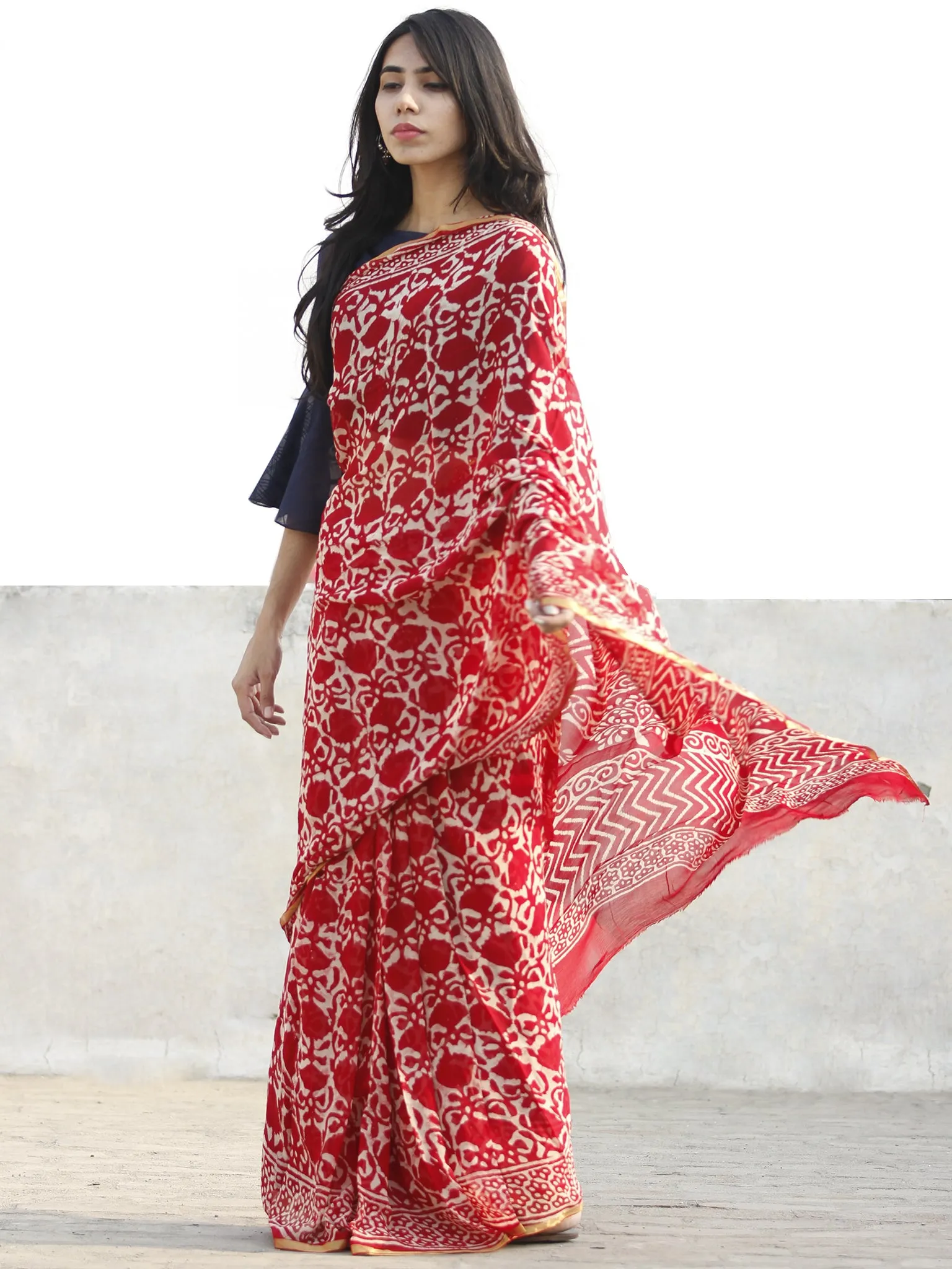 Red and White  Hand Block Printed Chiffon Saree with Zari border- S031702709