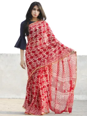Red and White  Hand Block Printed Chiffon Saree with Zari border- S031702709
