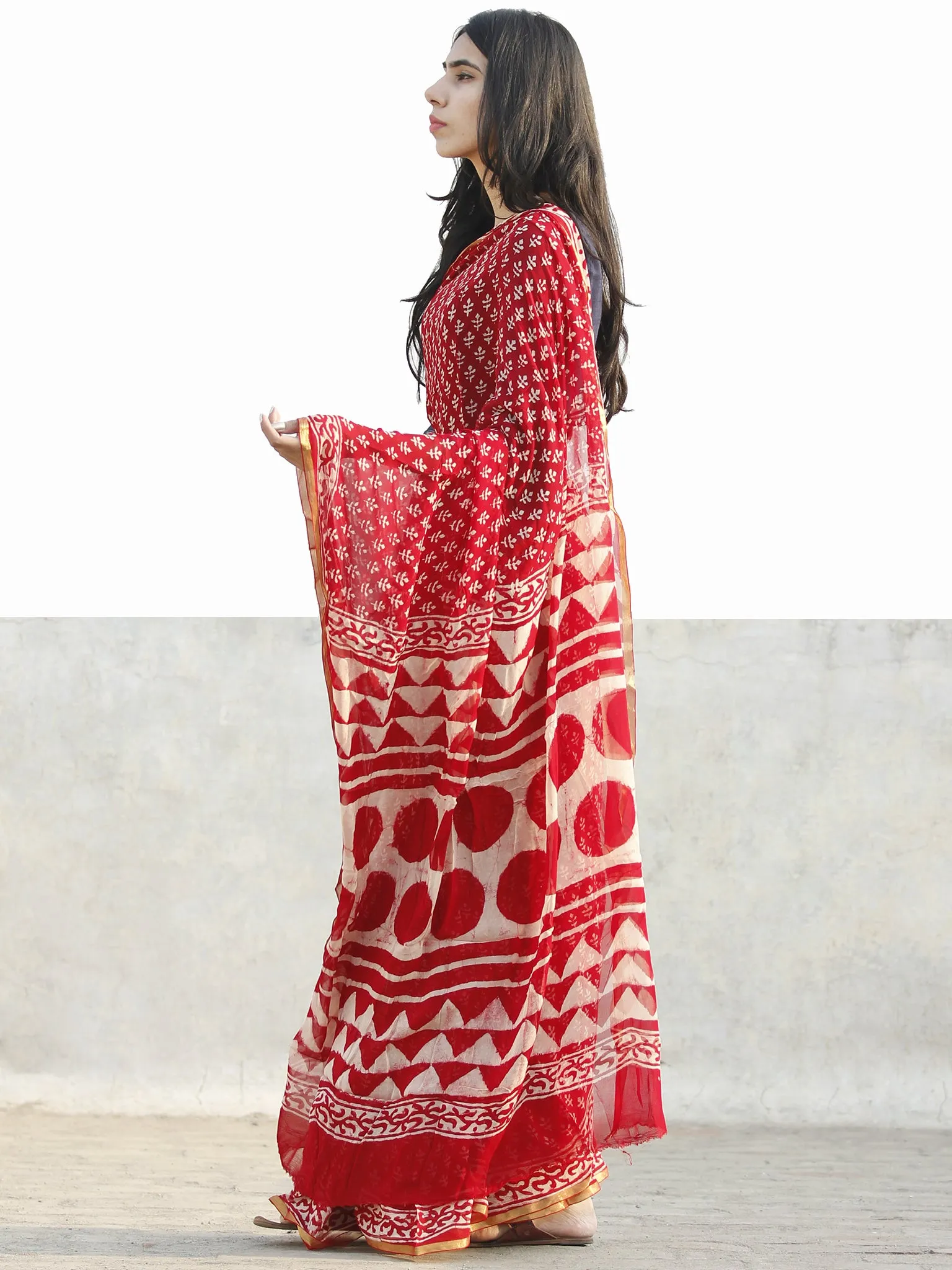Red and White  Hand Block Printed Chiffon Saree with Zari border- S031702716