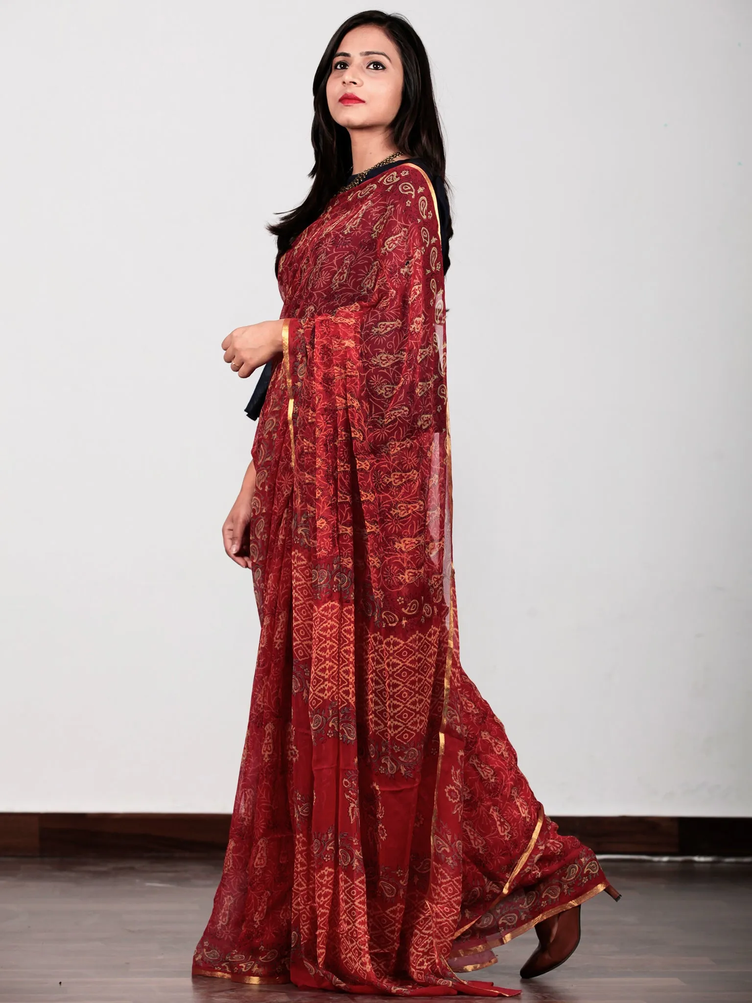 Red Green Yellow Hand Block Printed Chiffon Saree with Zari border- S031702731