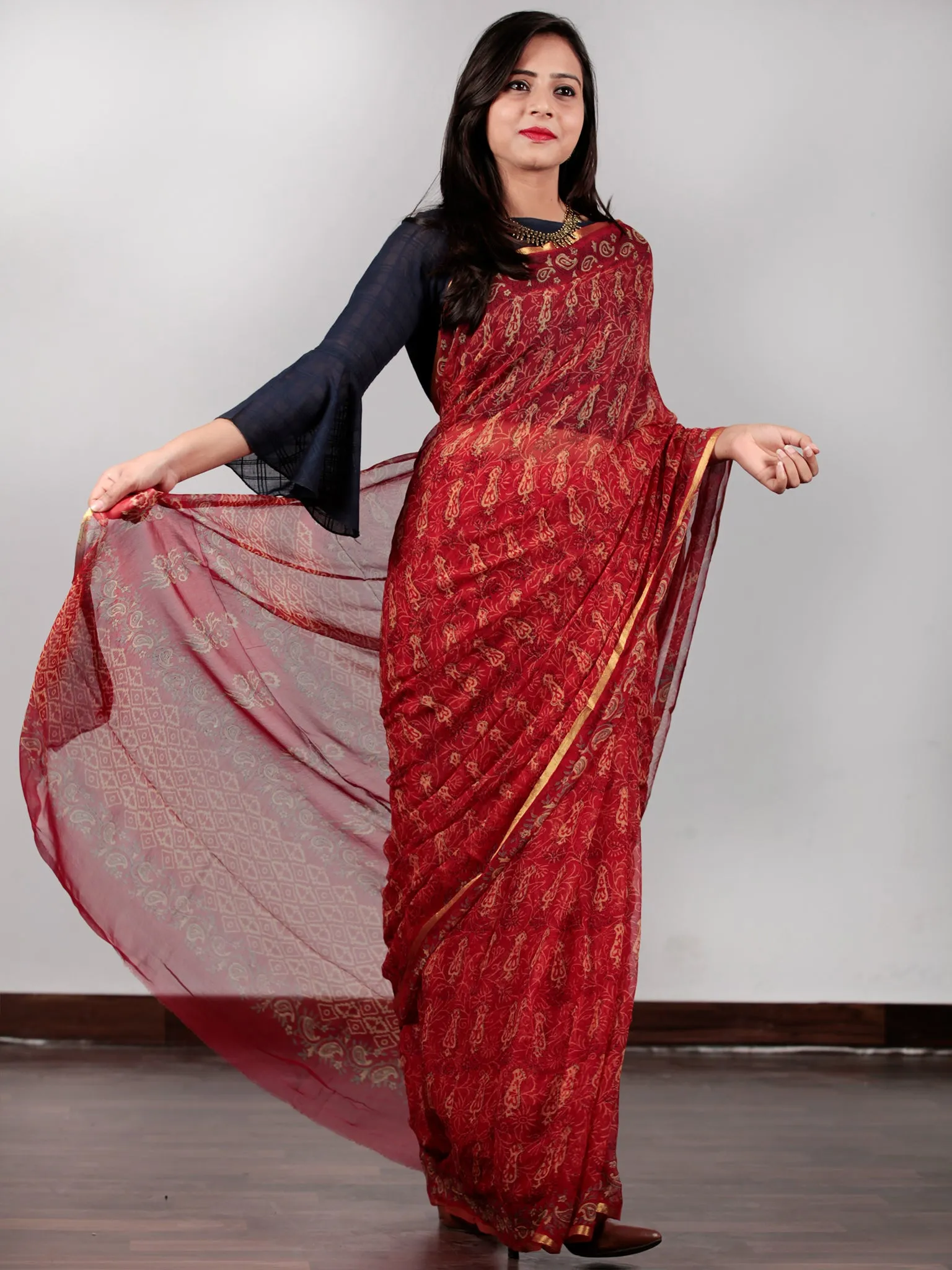 Red Green Yellow Hand Block Printed Chiffon Saree with Zari border- S031702731