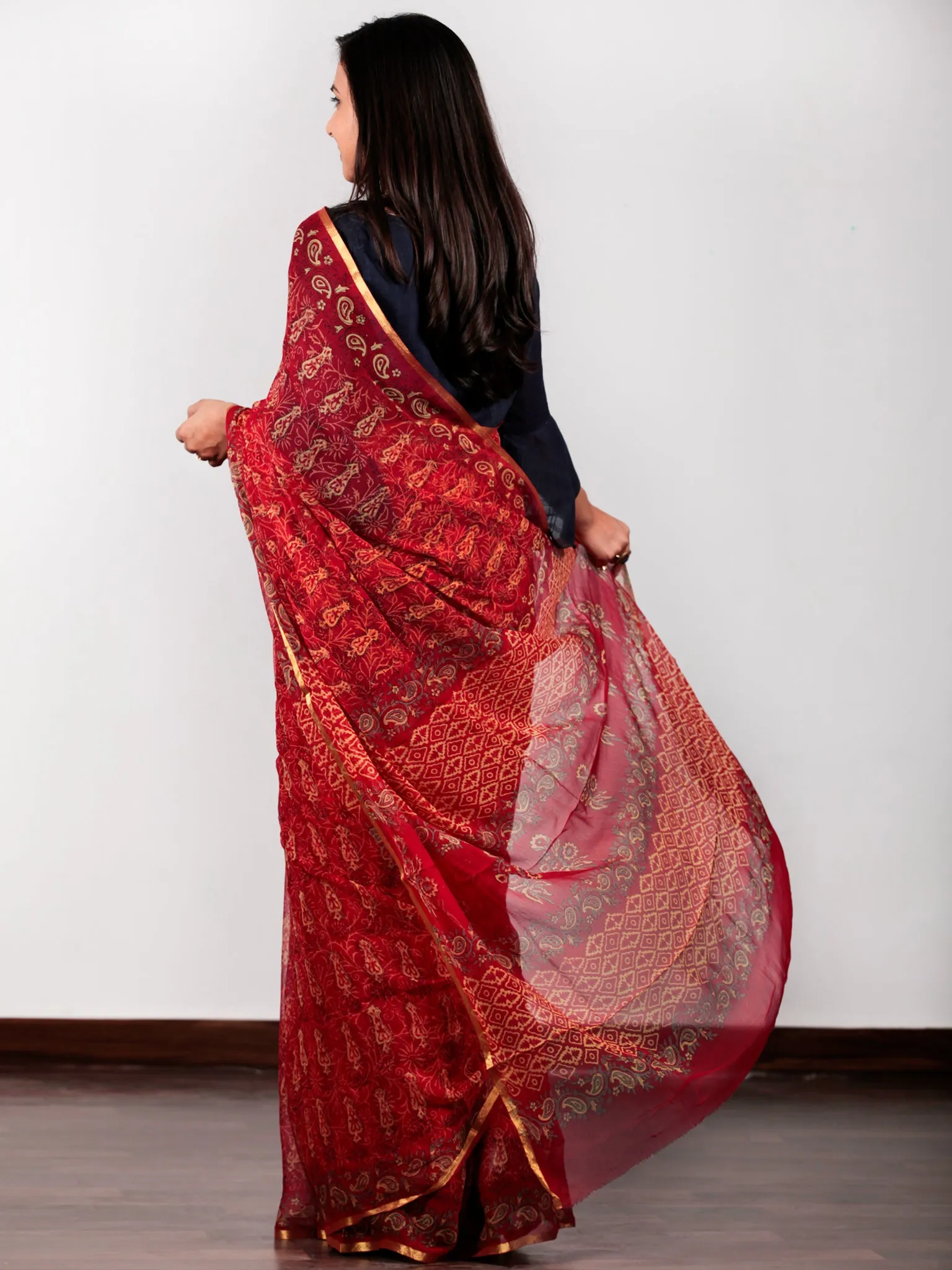 Red Green Yellow Hand Block Printed Chiffon Saree with Zari border- S031702731