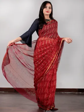 Red Green Yellow Hand Block Printed Chiffon Saree with Zari border- S031702731