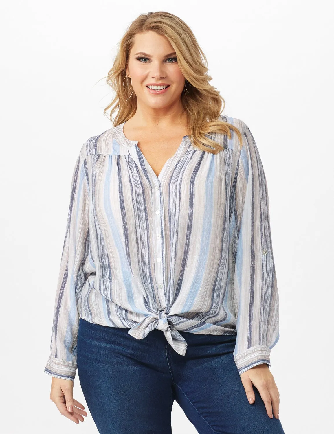 Roll Tab Sleeve Stripe Slub Button Front Woven Top