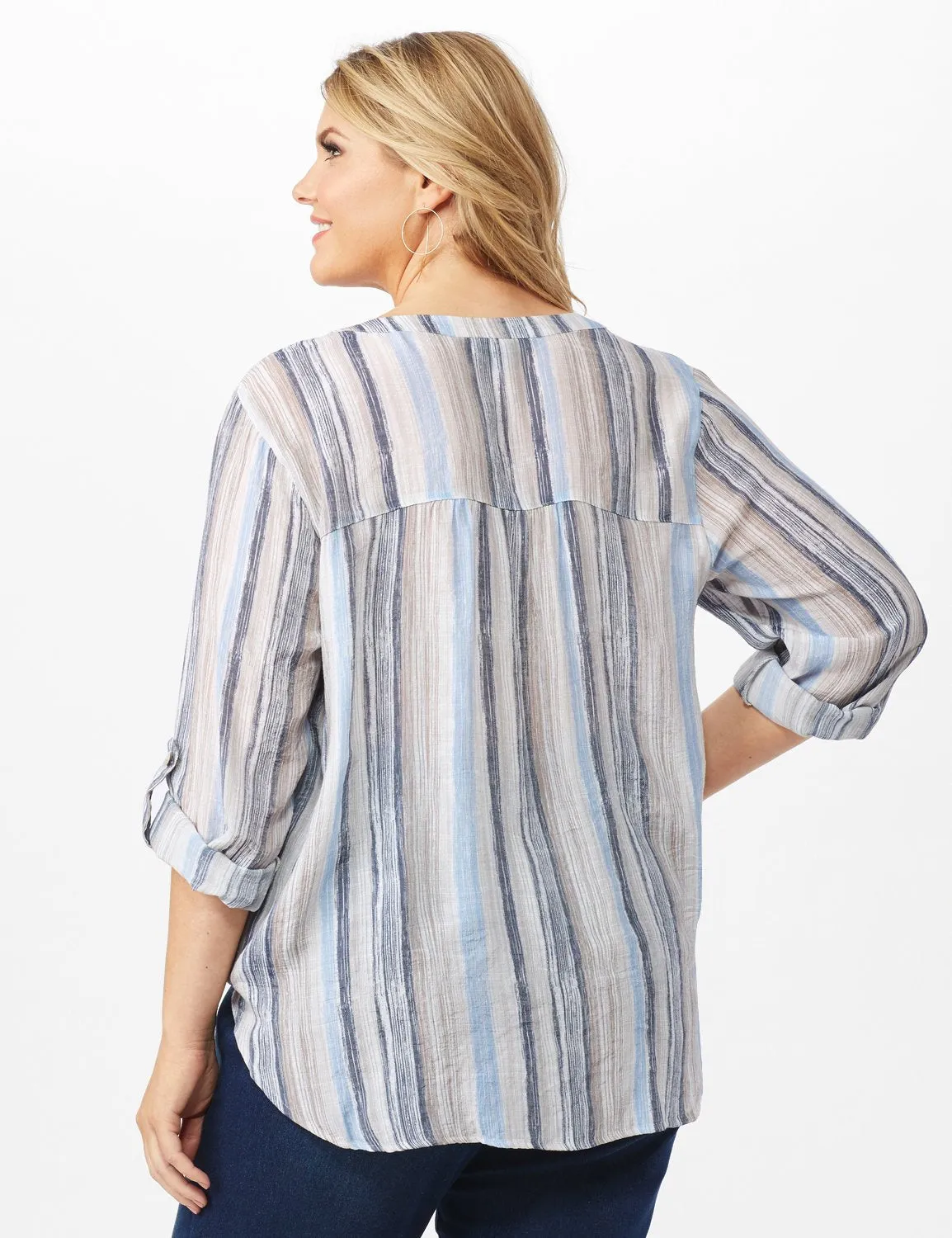 Roll Tab Sleeve Stripe Slub Button Front Woven Top