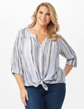 Roll Tab Sleeve Stripe Slub Button Front Woven Top