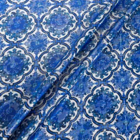 Royal Blue Geometric Printed Lamé Stripped Silk