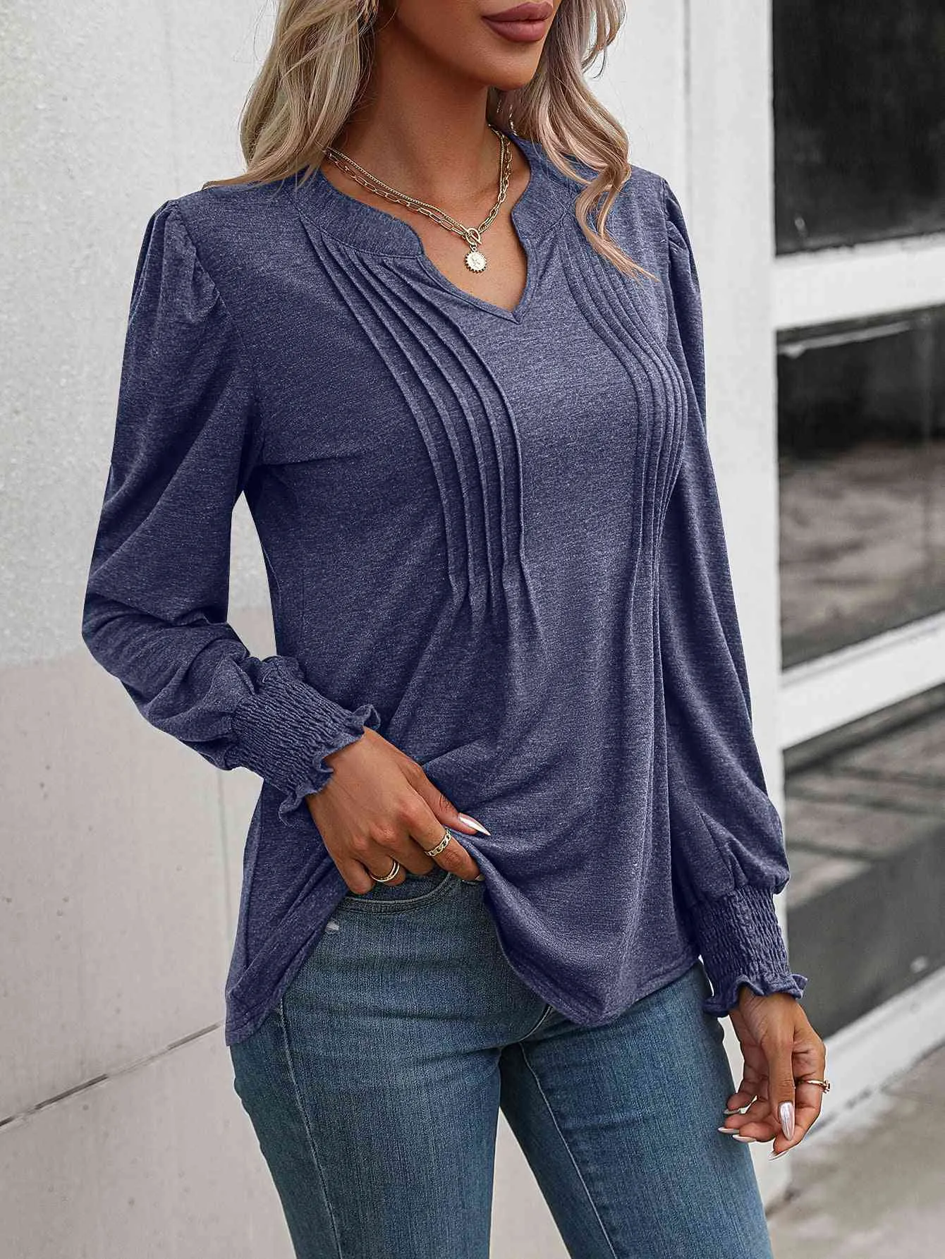 Ruched Notch Neck Puff Sleeve Smocked Blouse (6 colors)