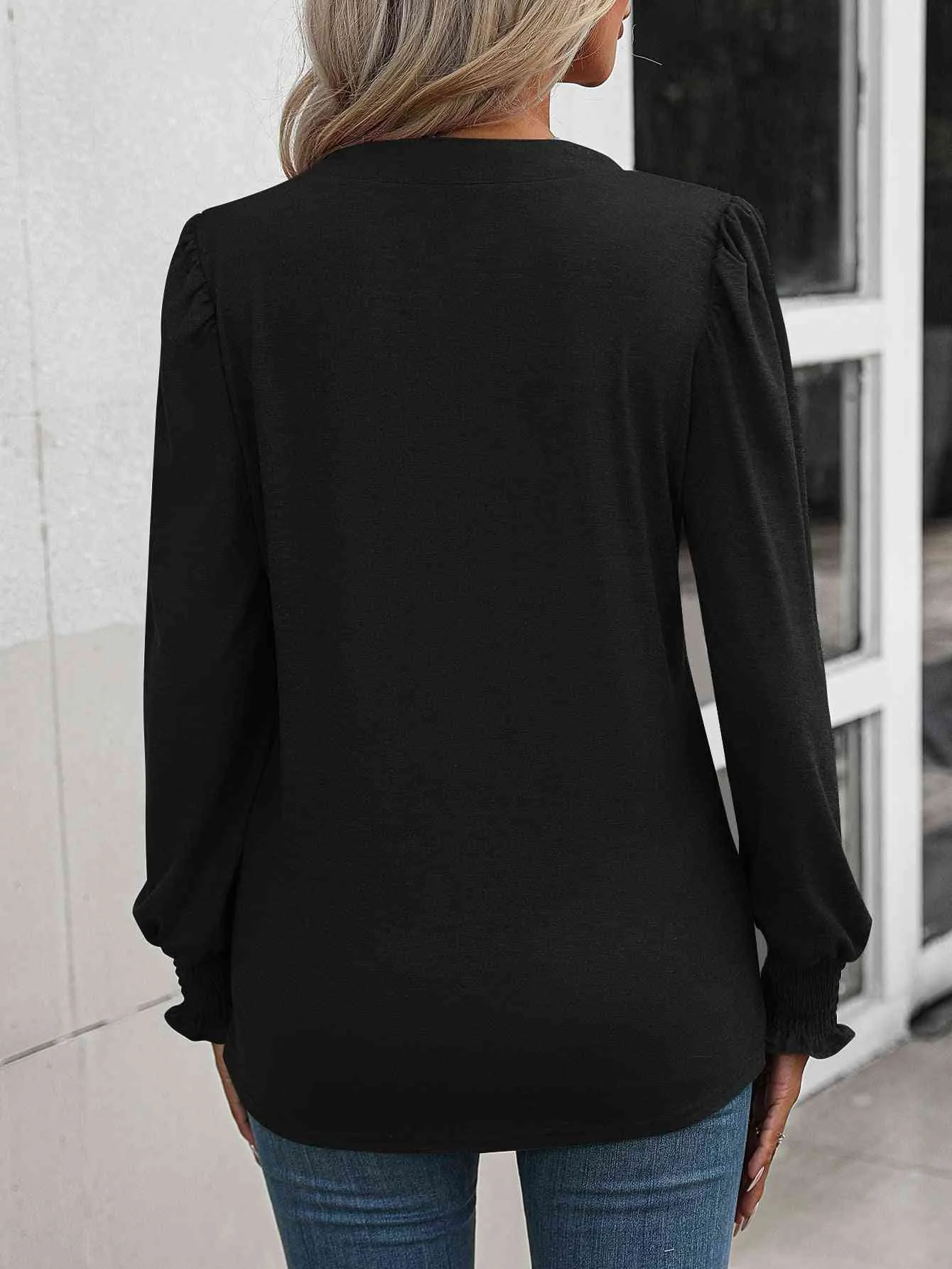 Ruched Notch Neck Puff Sleeve Smocked Blouse (6 colors)