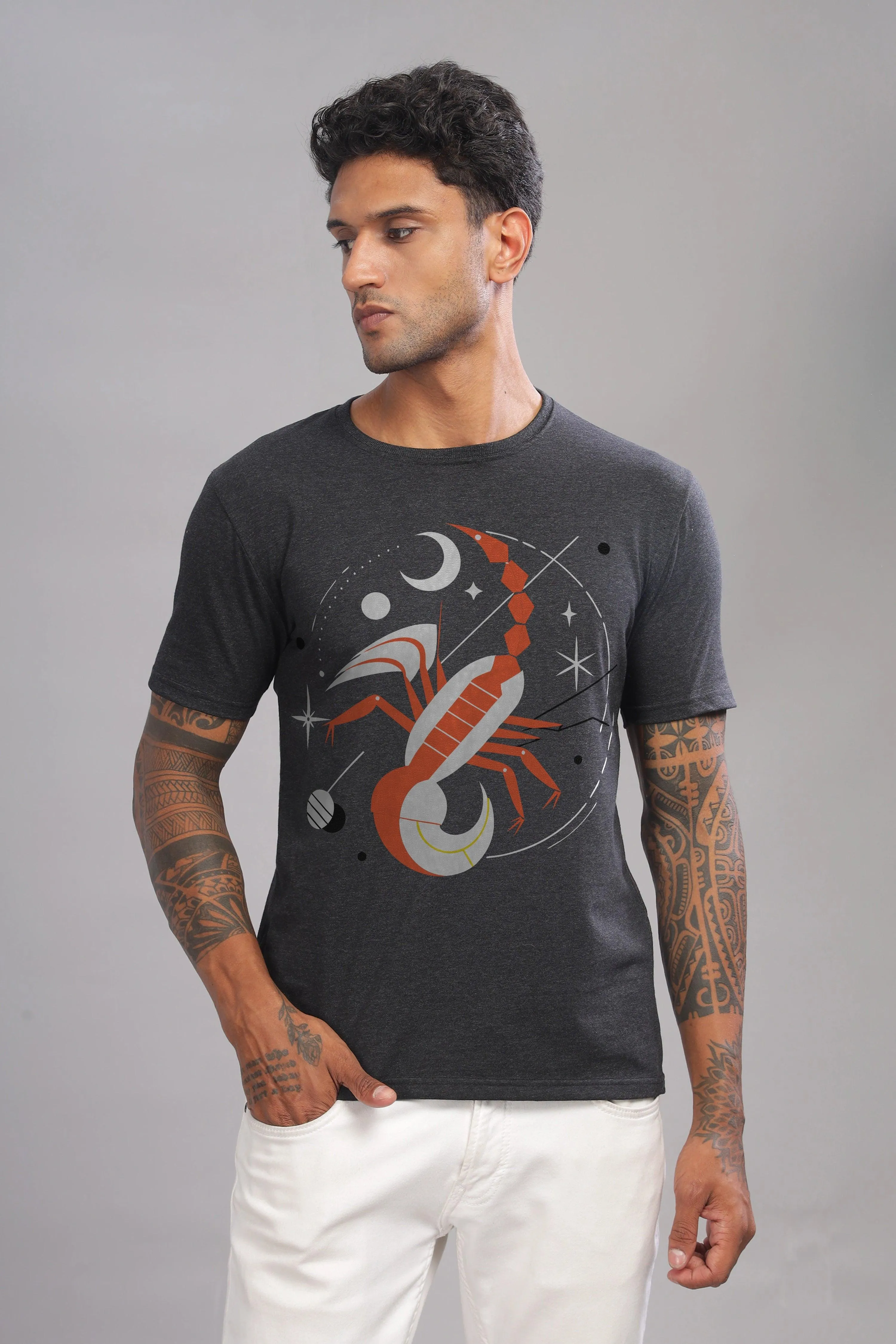 Stylish Scorpio Charcoal Half Sleeve Printed Round Neck T-Shirt