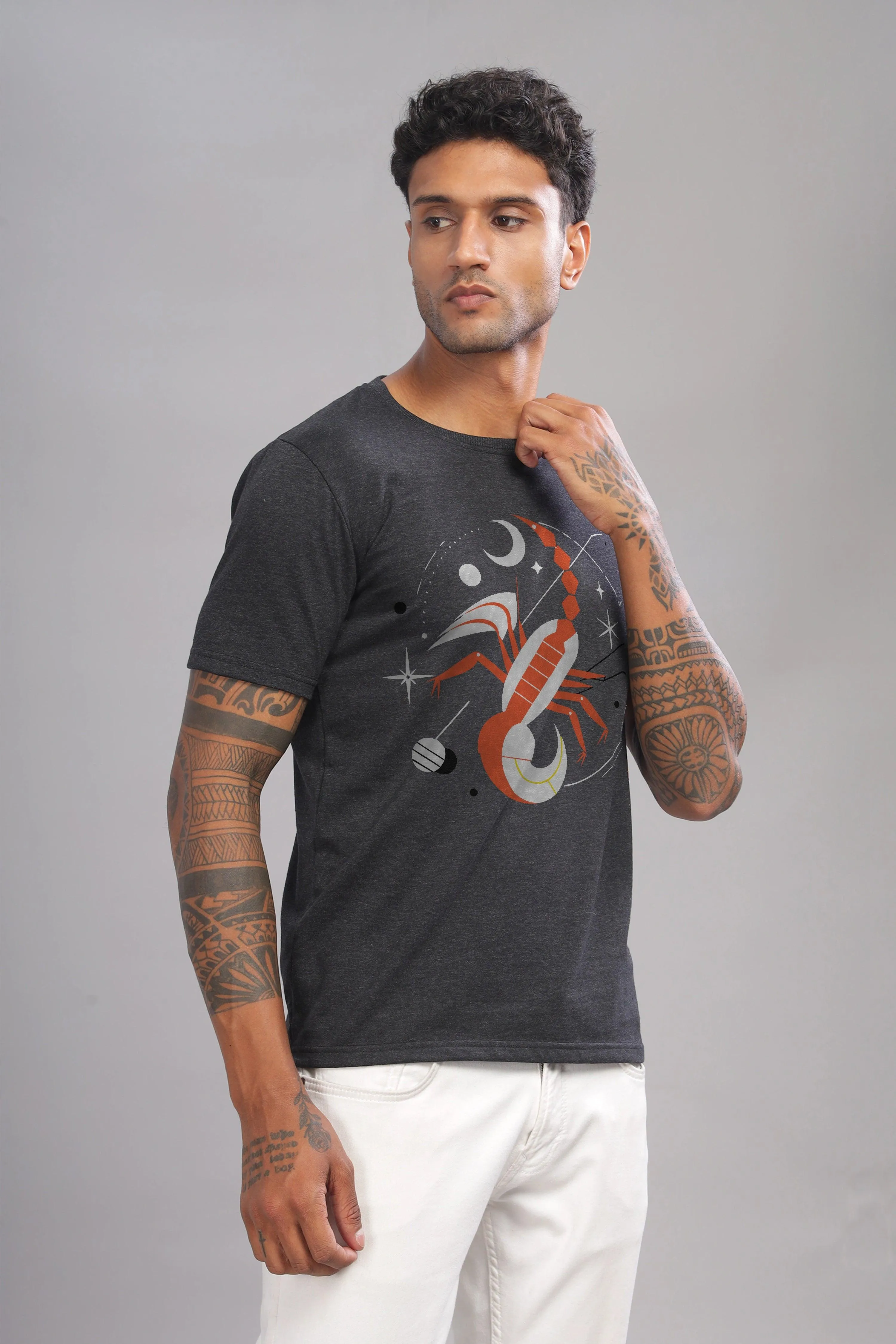 Stylish Scorpio Charcoal Half Sleeve Printed Round Neck T-Shirt