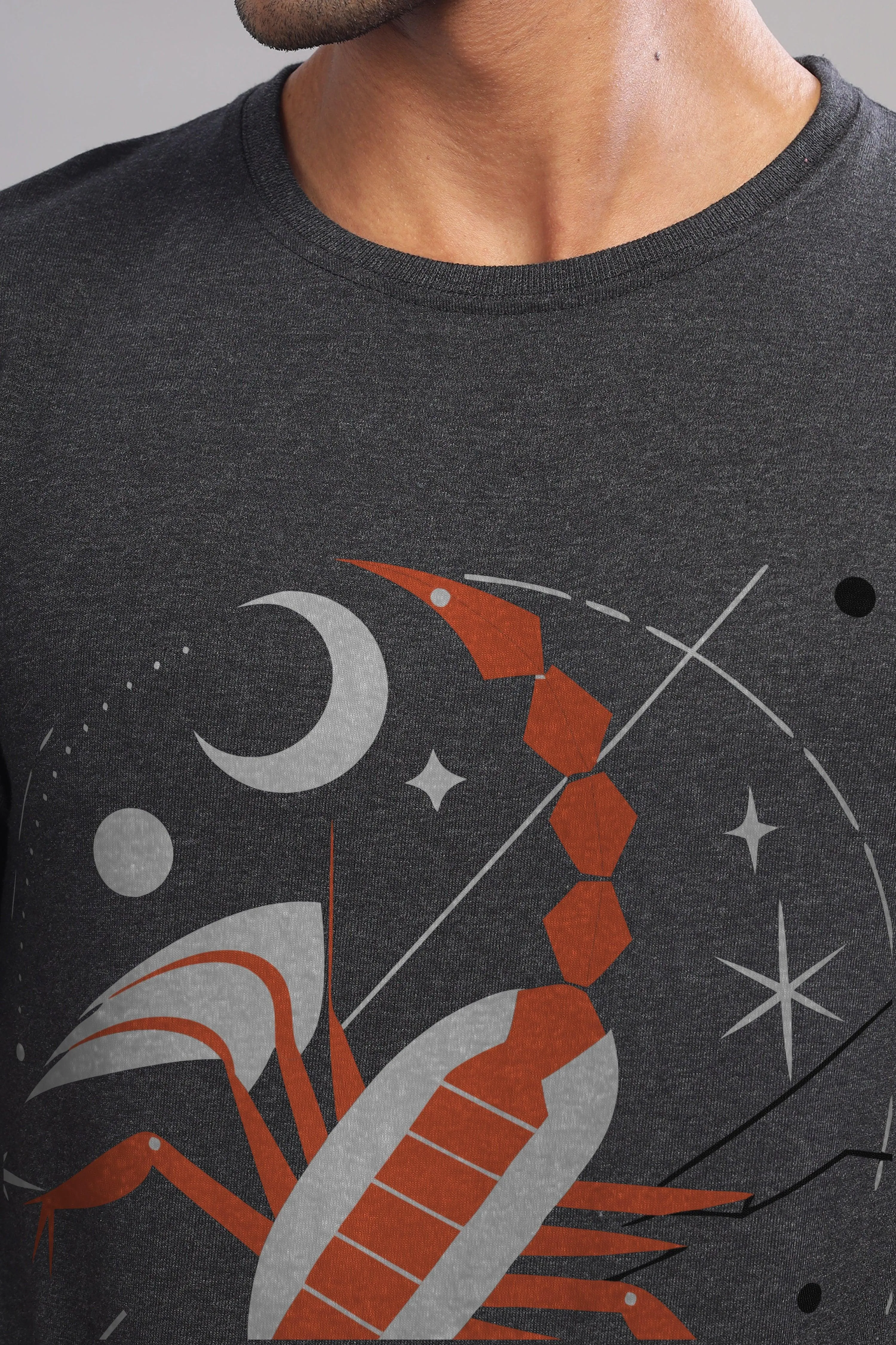 Stylish Scorpio Charcoal Half Sleeve Printed Round Neck T-Shirt