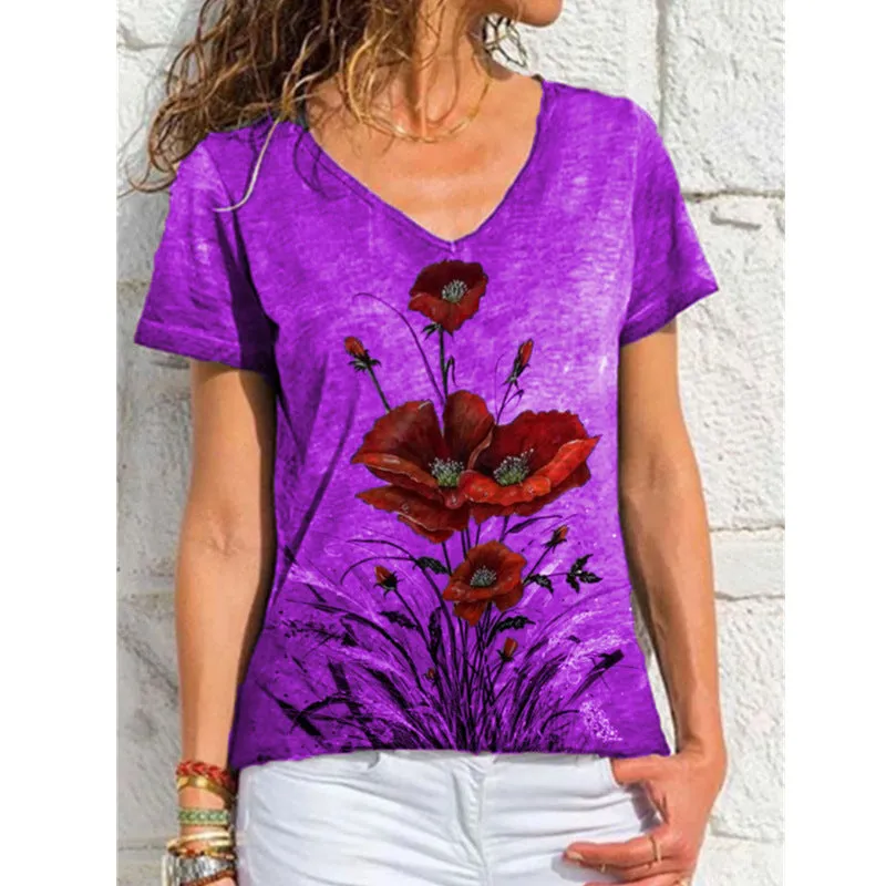 Summer V-neck printed short-sleeved T-shirt