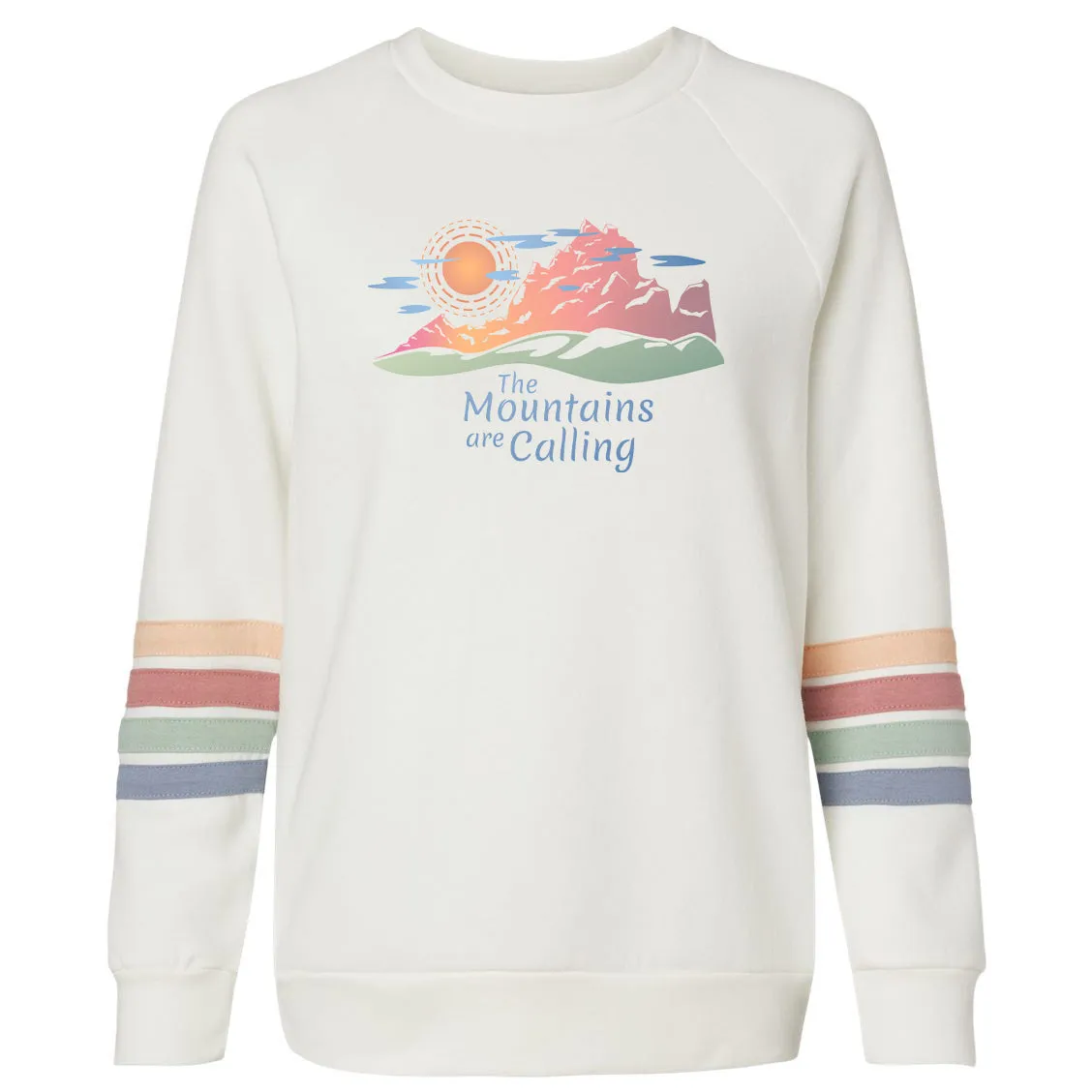 VA Mountains Calling Women's Striped Sleeves Crewneck Sweatshirt - Ivory