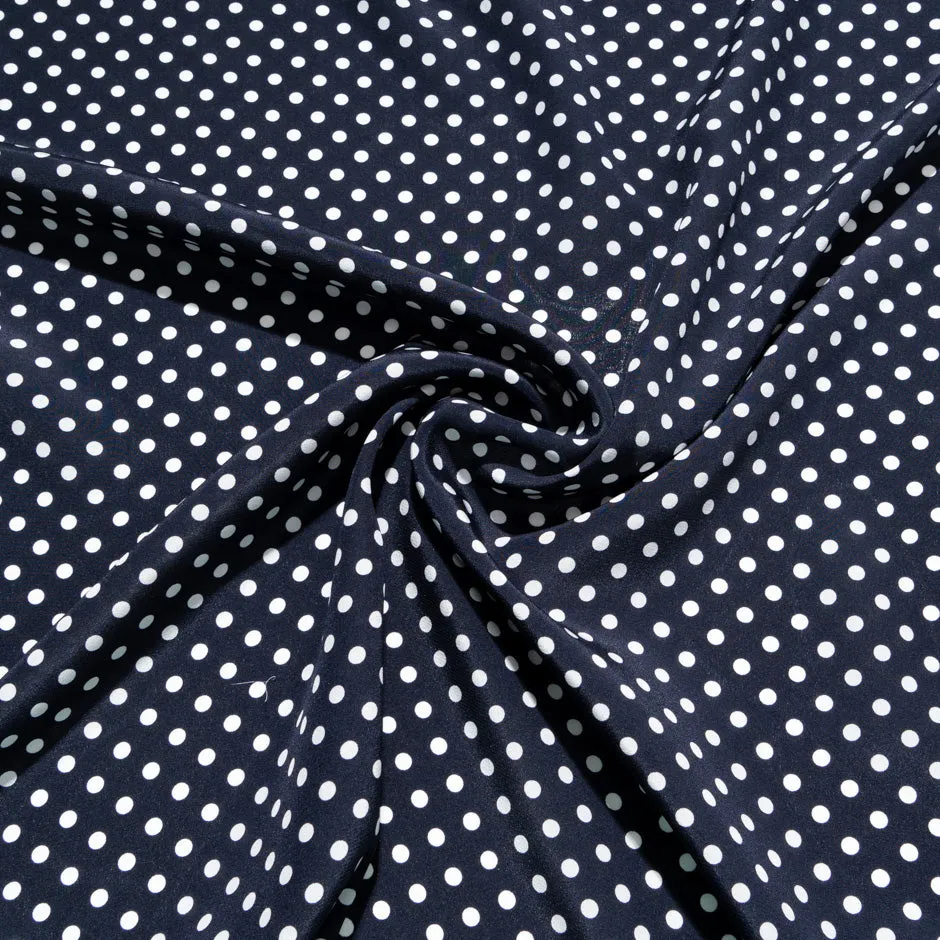 White Geo Spot Printed Navy Blue Silk Crêpe de Chine